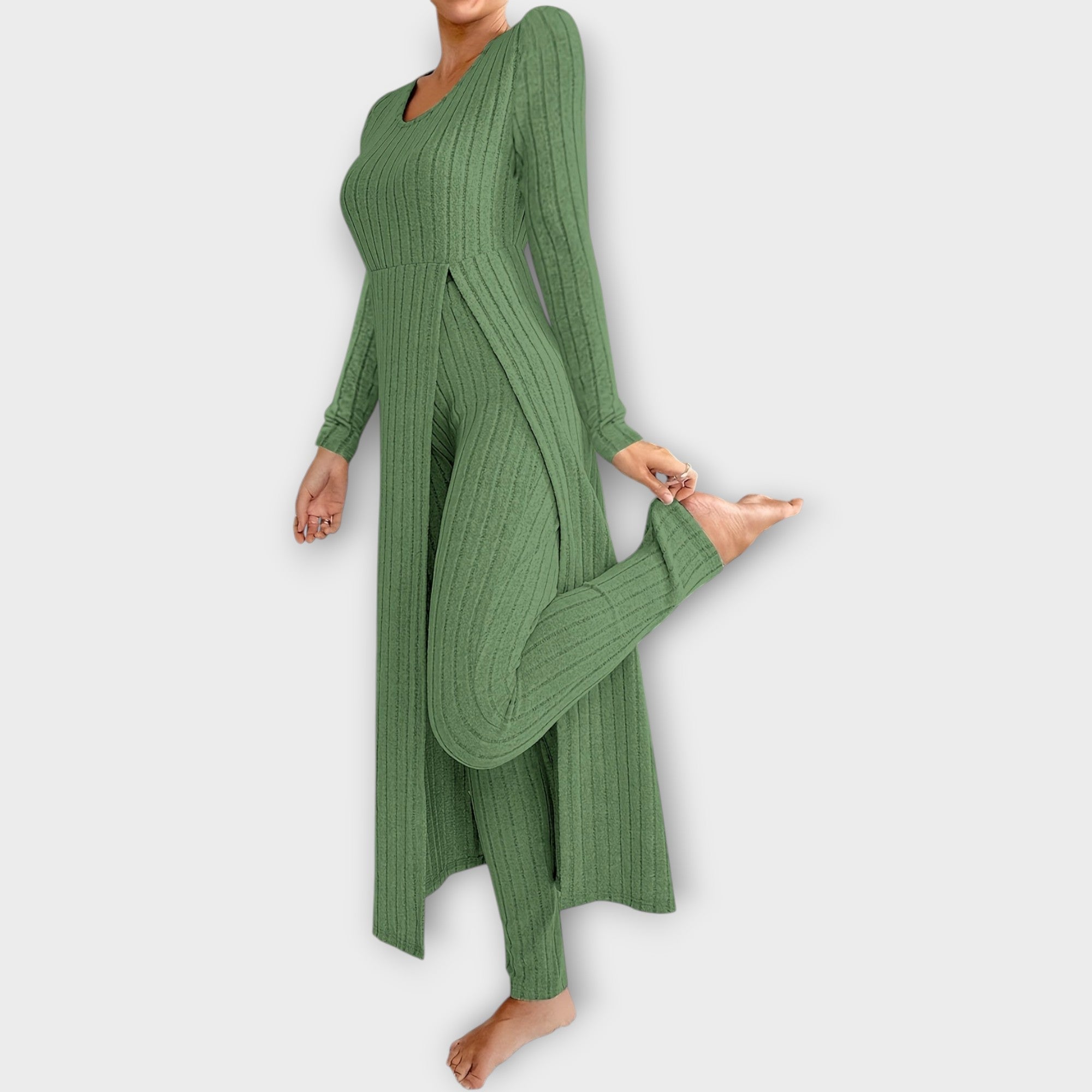 Ribbed Knit Lounge Set with Split Tunic