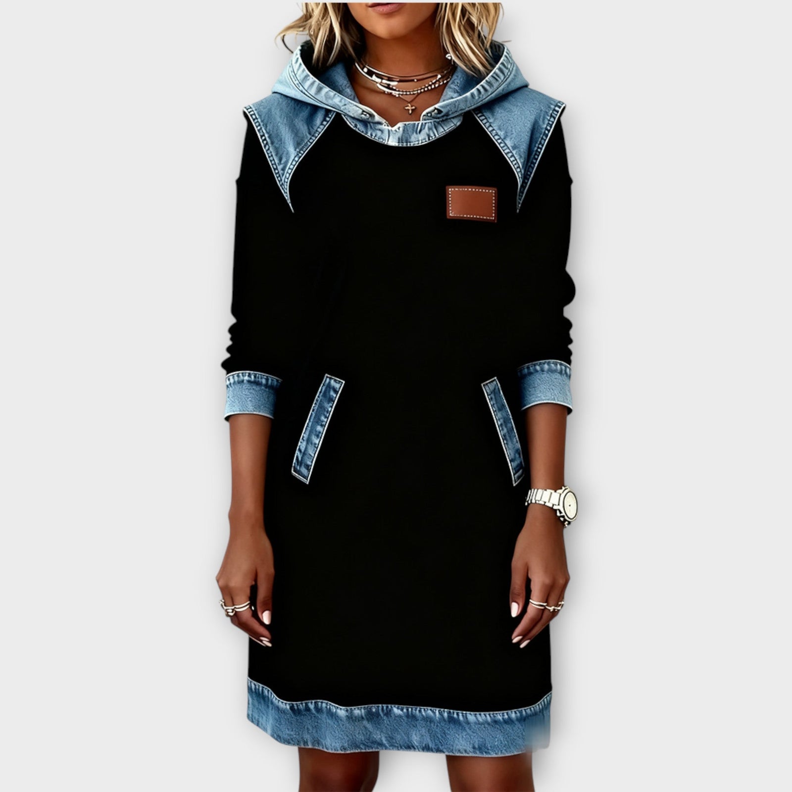 Denim-Trim Hoodie Sweater Dress