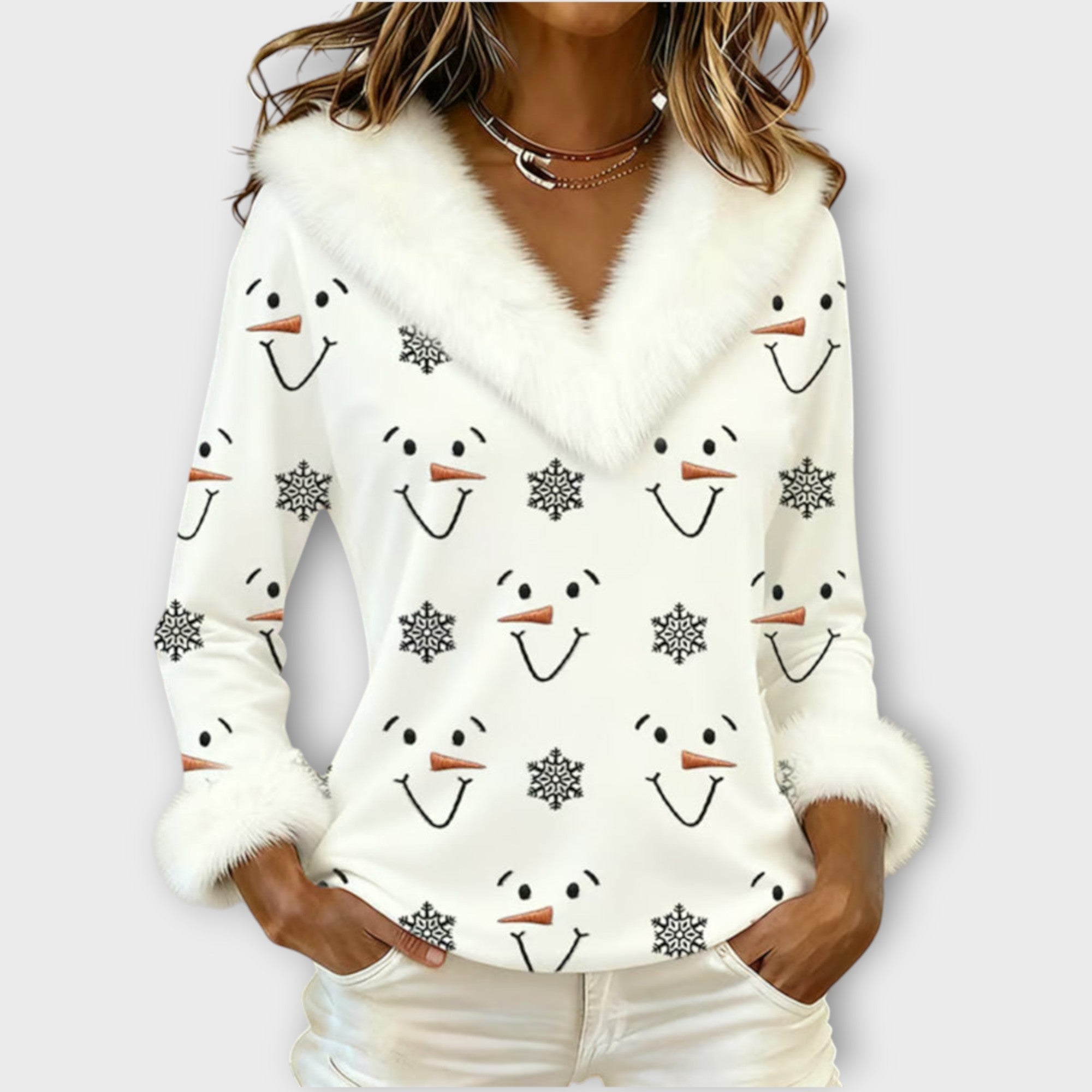 Frosty Smile Faux-Fur Holiday Top