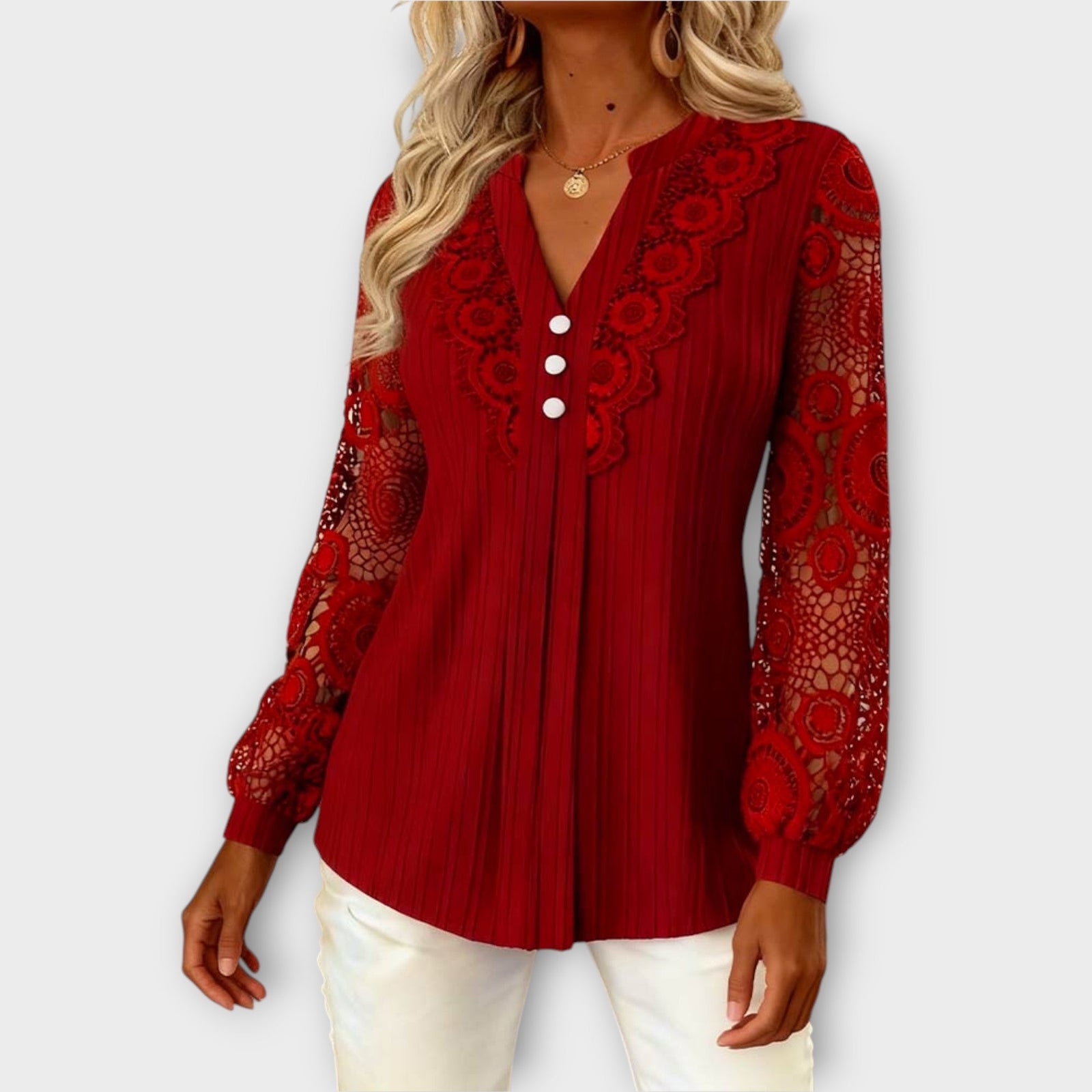 Elegant Lace Sleeve Pleated Blouse