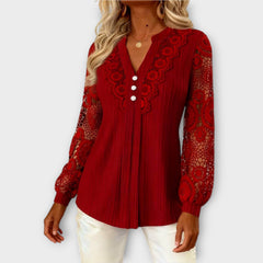 Elegant Lace Sleeve Pleated Blouse