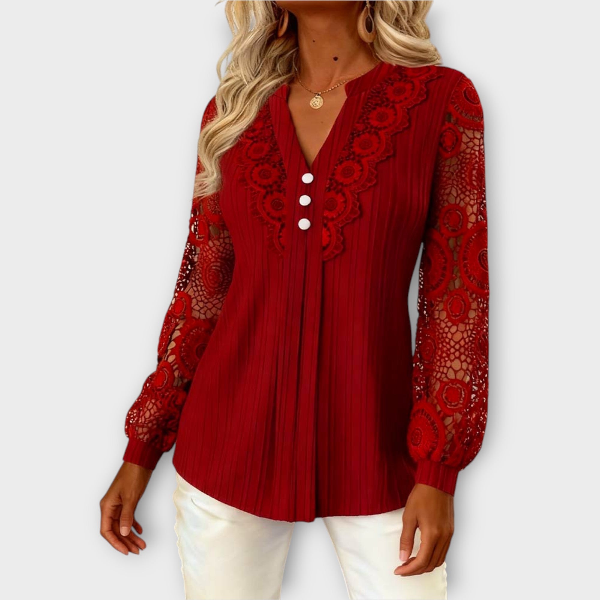 Elegant Lace Sleeve Pleated Blouse