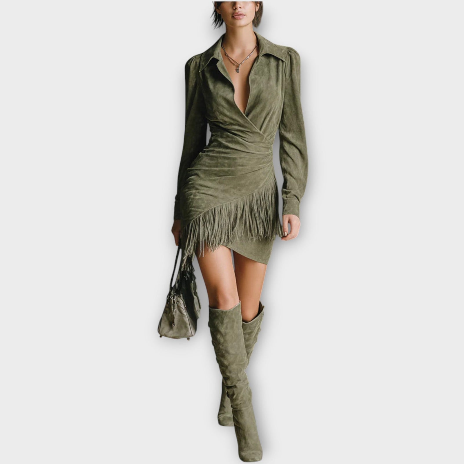 Suede Fringe Wrap Dress