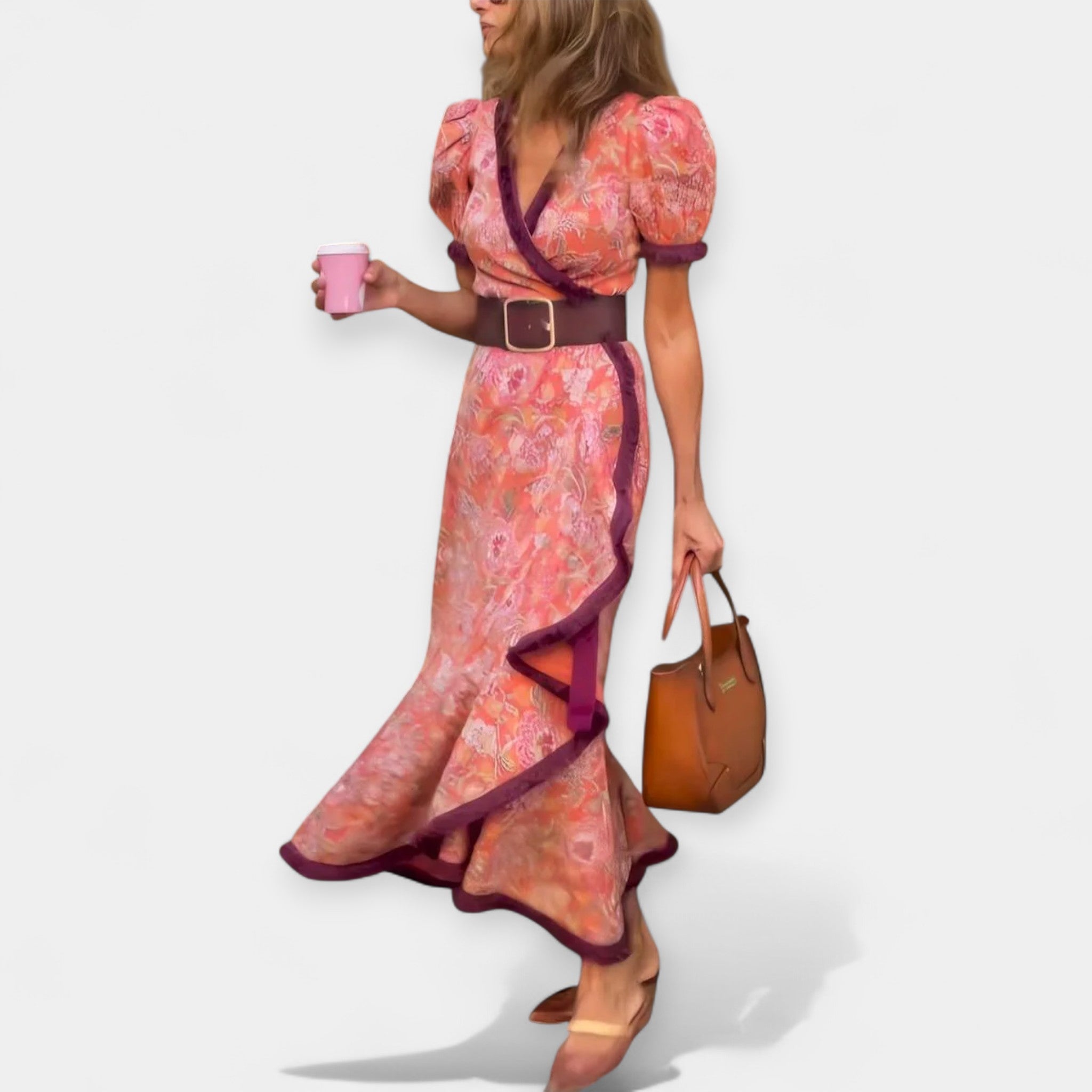 Romantic Dress with Belt and Puffed Details