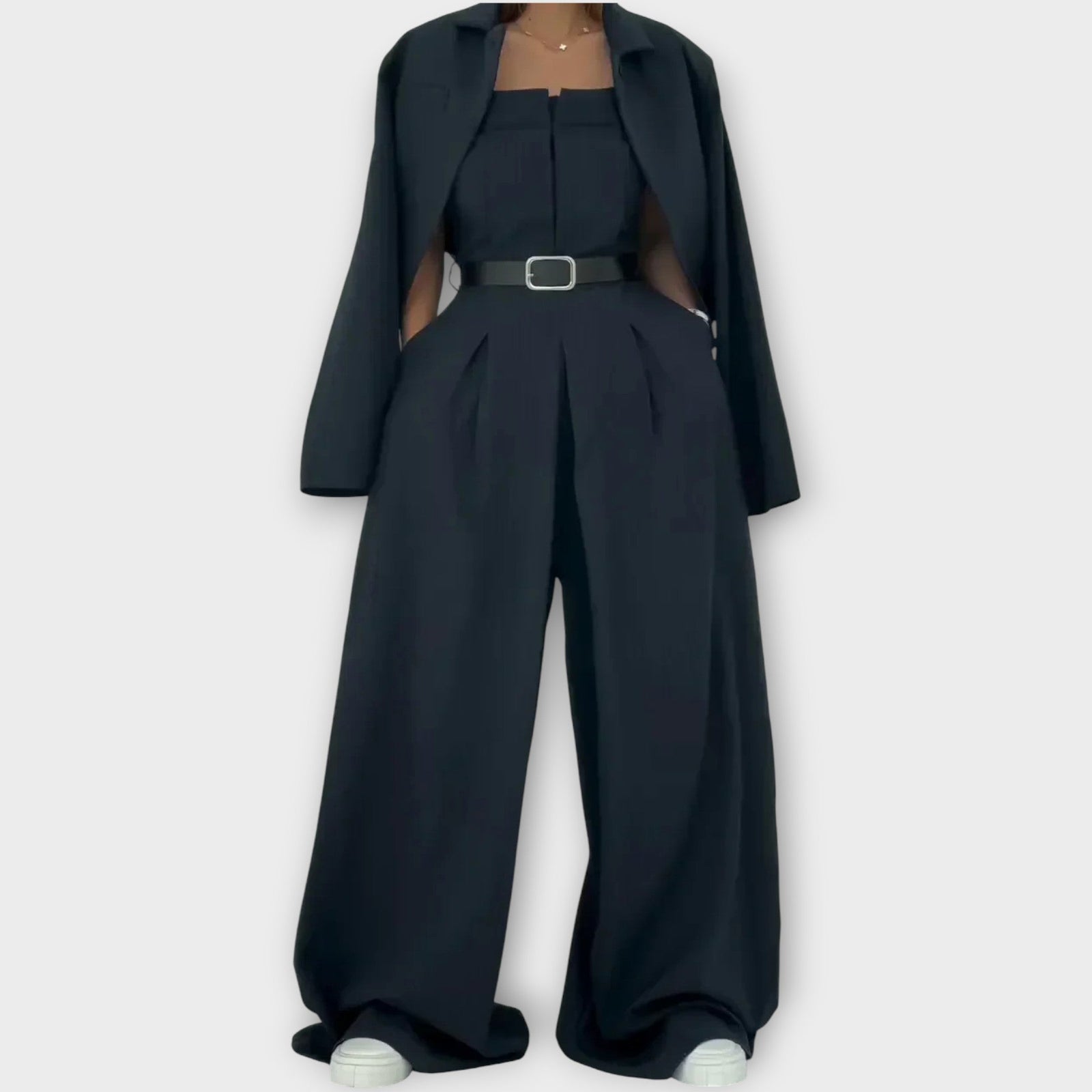 Wide-Leg Belted Jumpsuit with Blazer