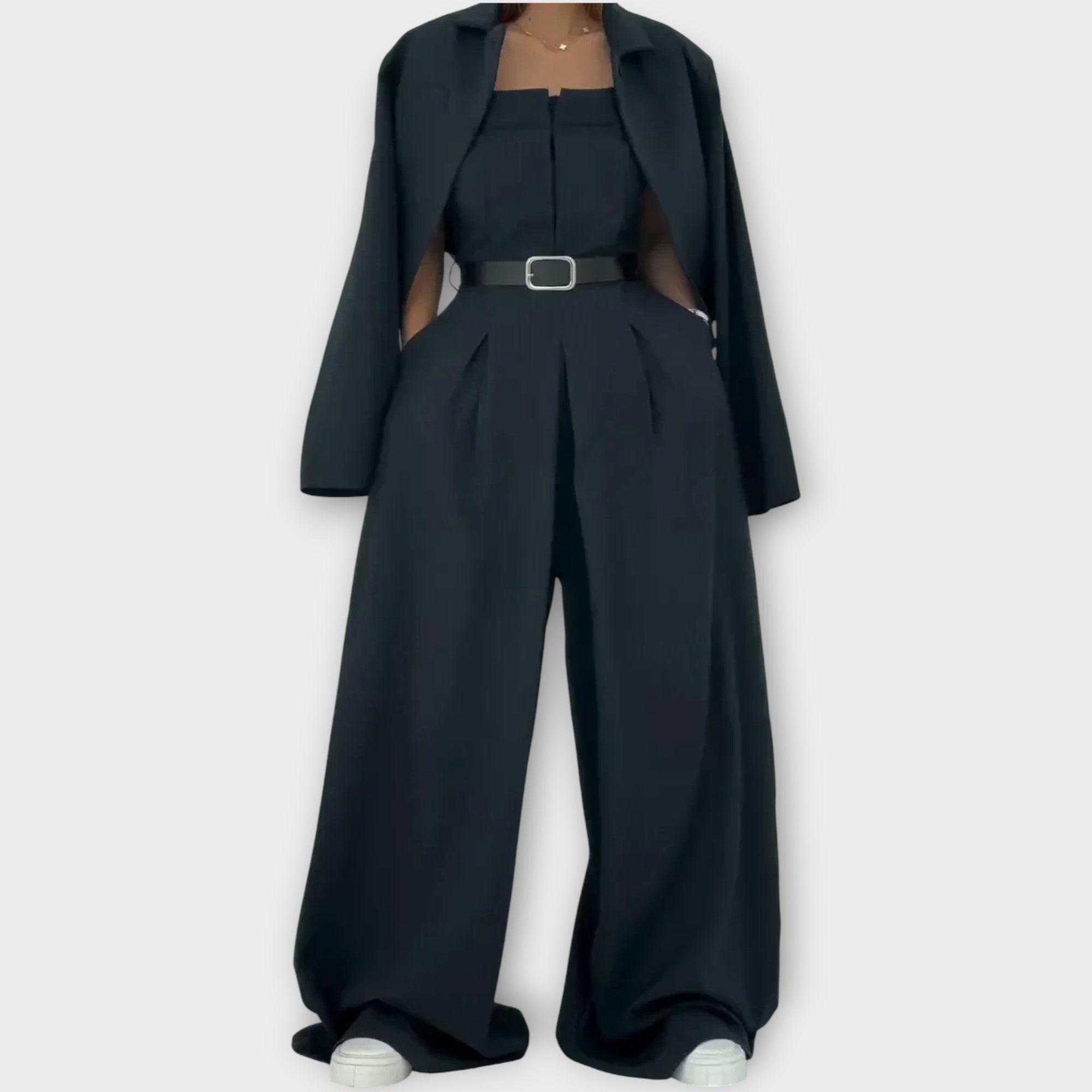 Wide-Leg Belted Jumpsuit with Blazer