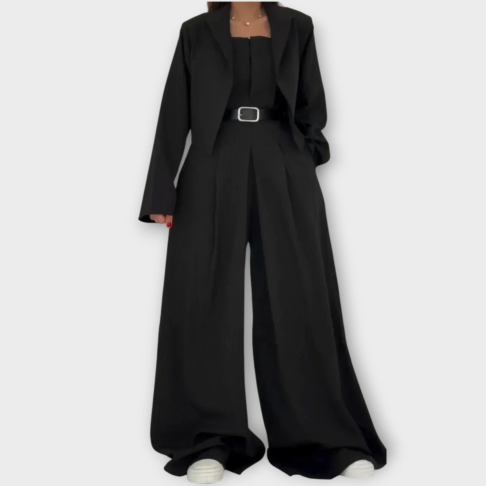 Wide-Leg Belted Jumpsuit with Blazer