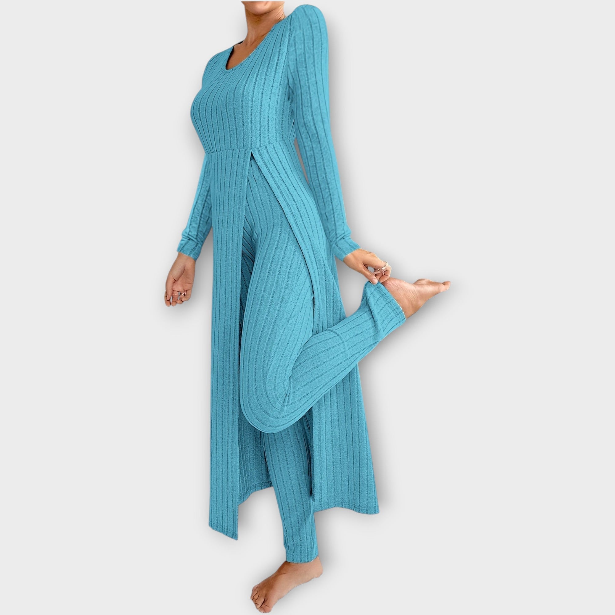 Ribbed Knit Lounge Set with Split Tunic