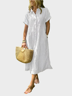 Striped Shirt Dress with Flaps, Buttons and Functional Pockets