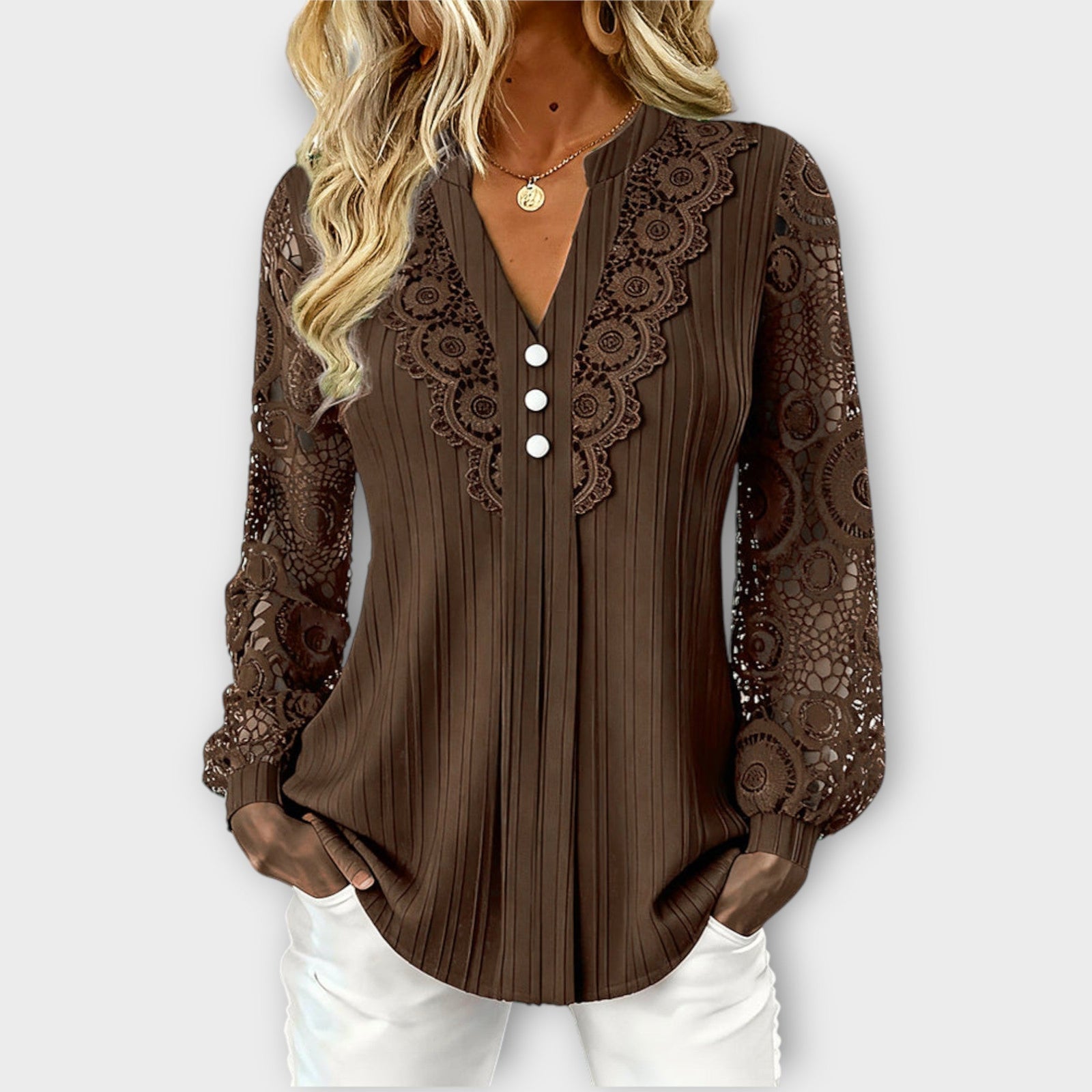 Elegant Lace Sleeve Pleated Blouse