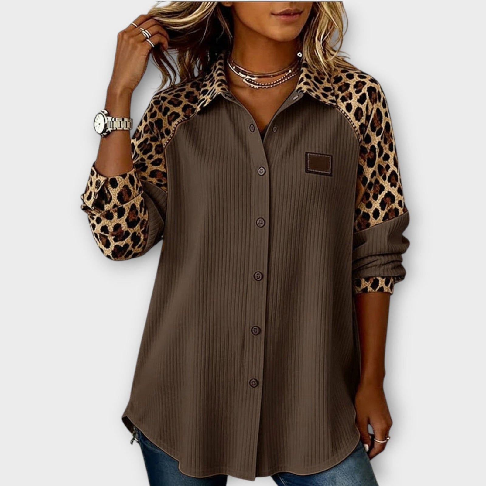 Leopard Patchwork Button-Down Top