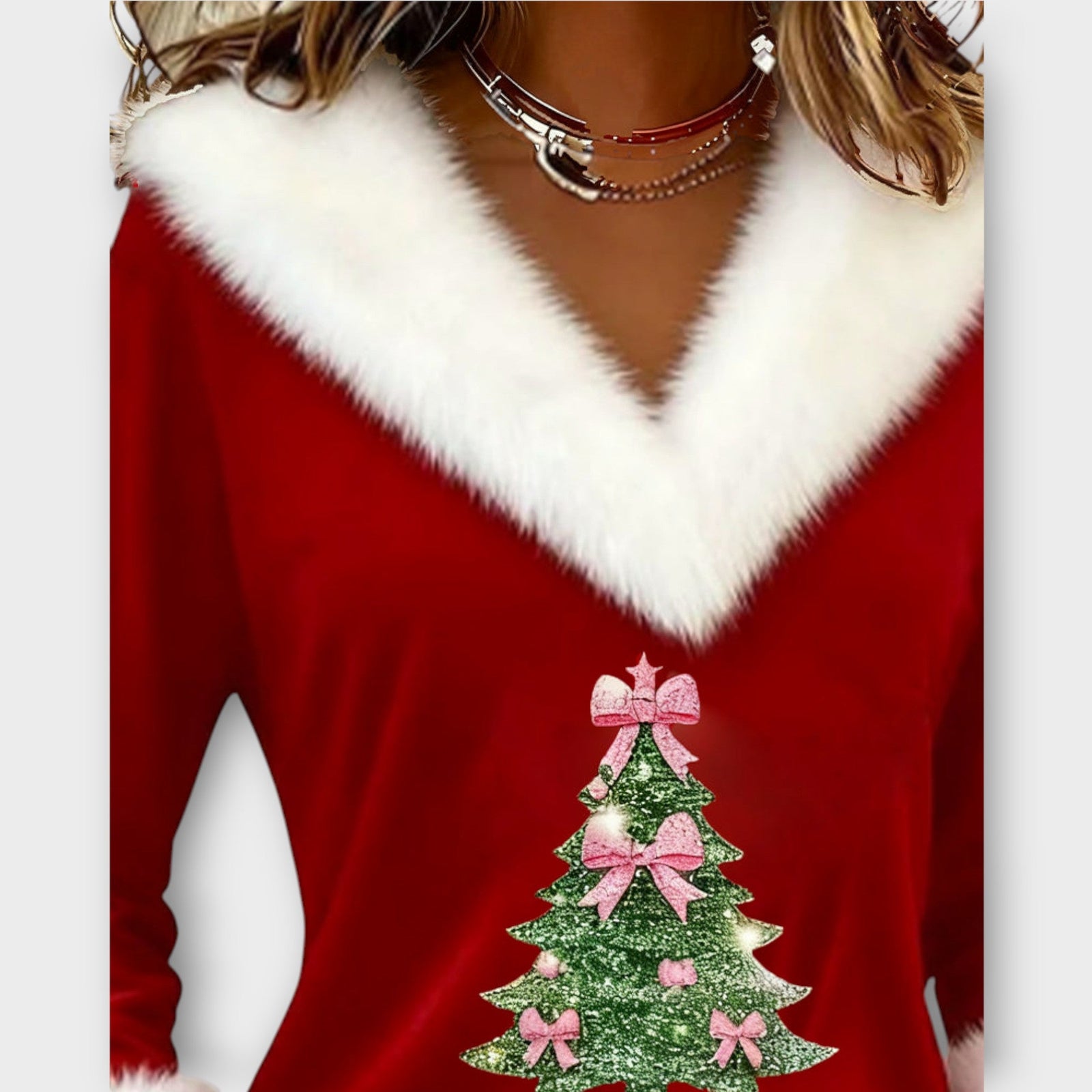 Merry Christmas Fur-Trim V-Neck Top