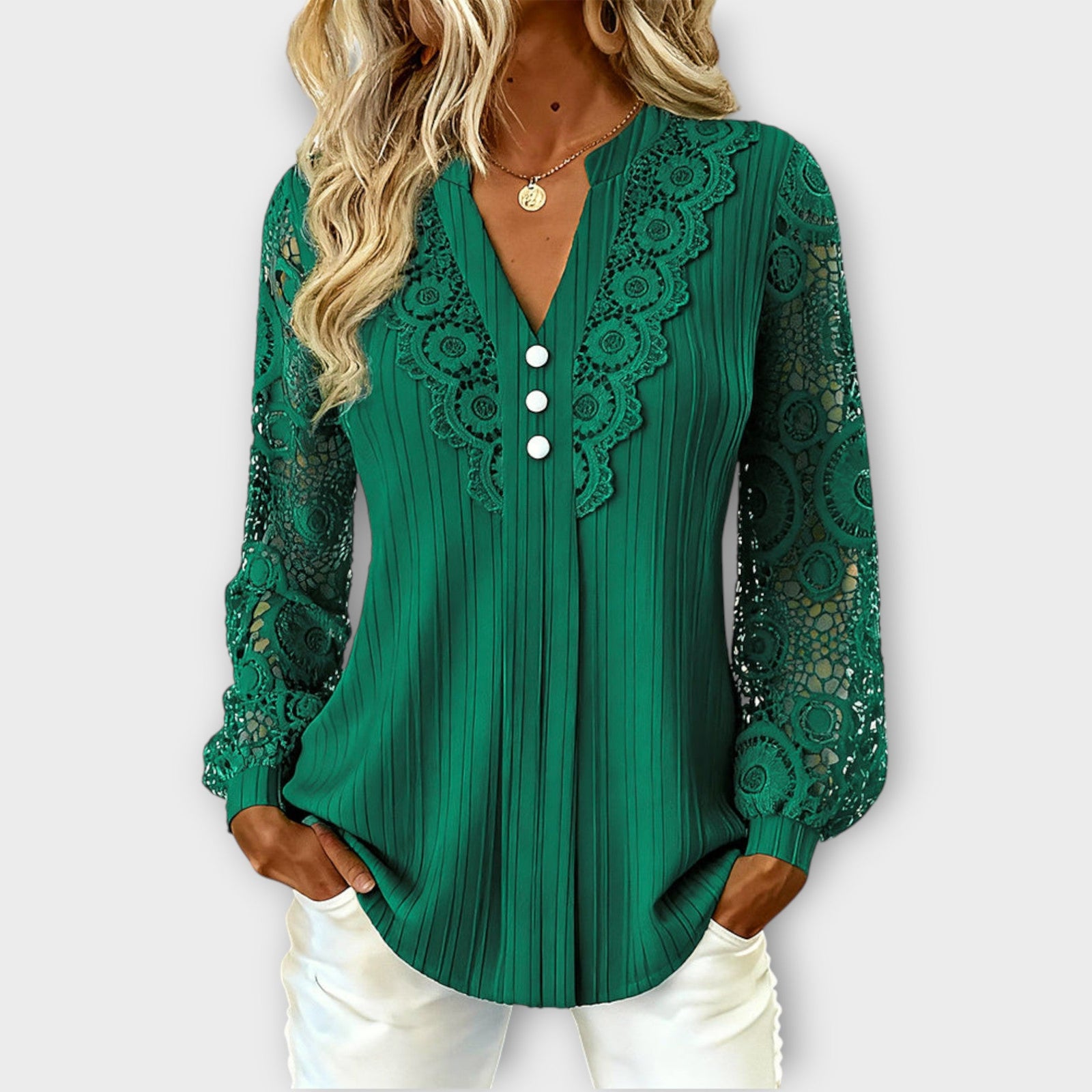 Elegant Lace Sleeve Pleated Blouse