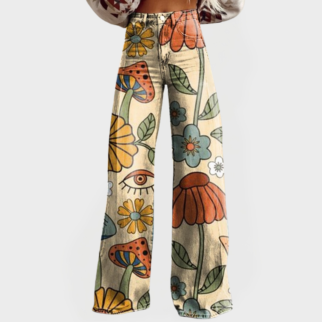 Wide Leg Jeans with Retro Floral Design