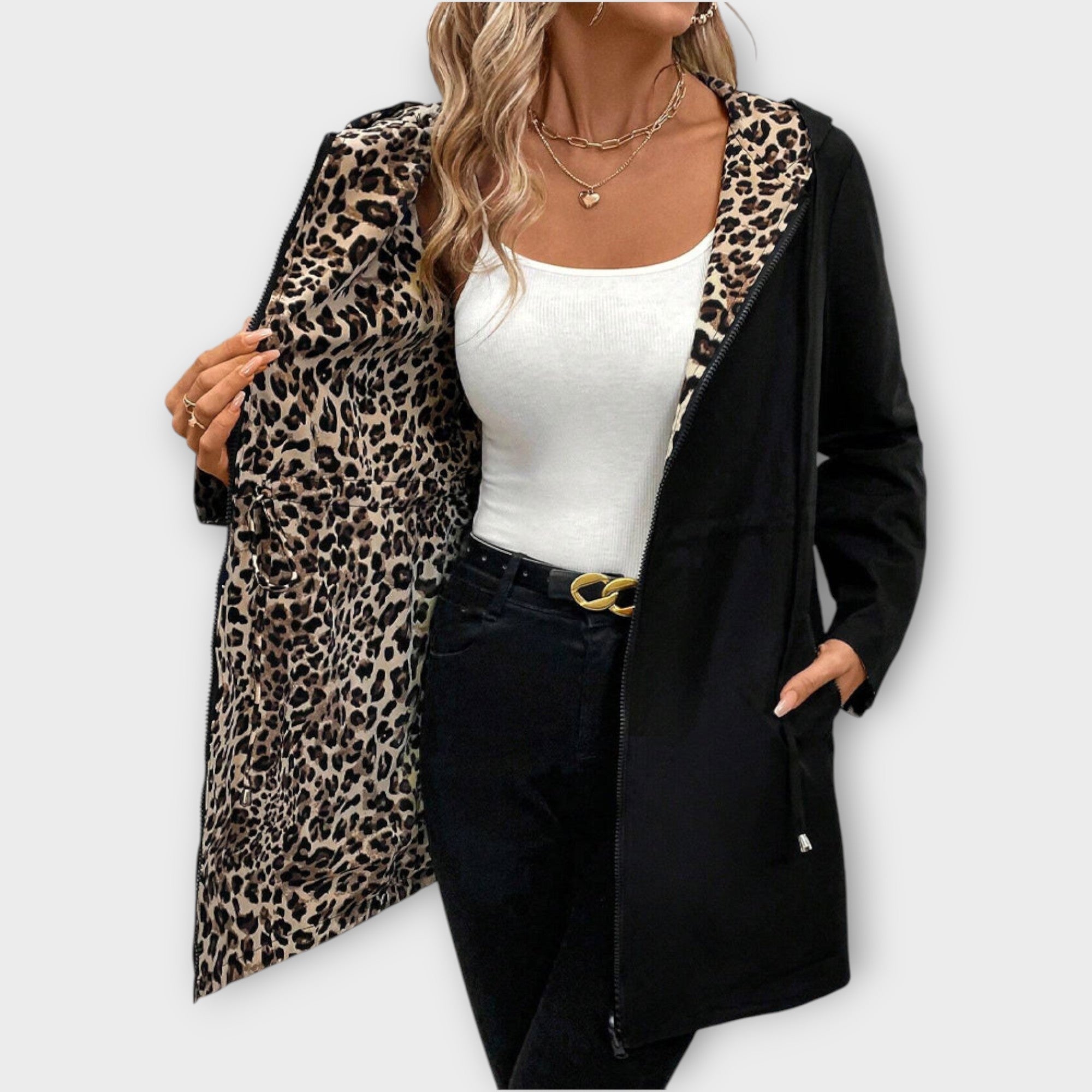 Reversible Hooded Coat with Leopard Print