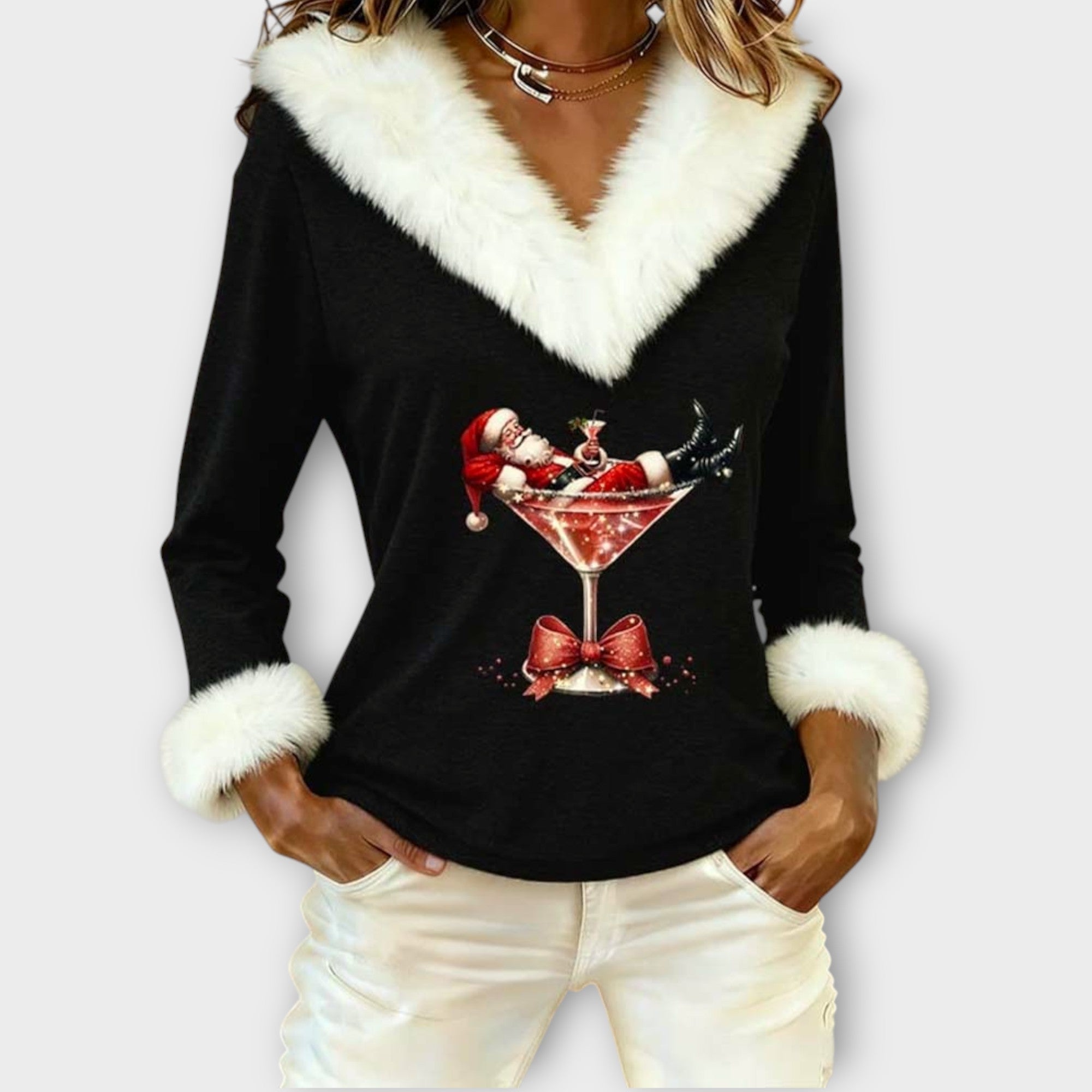 Santa Martini Faux-Fur Holiday Top