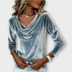 Velvet Draped Neck Long-Sleeve Top