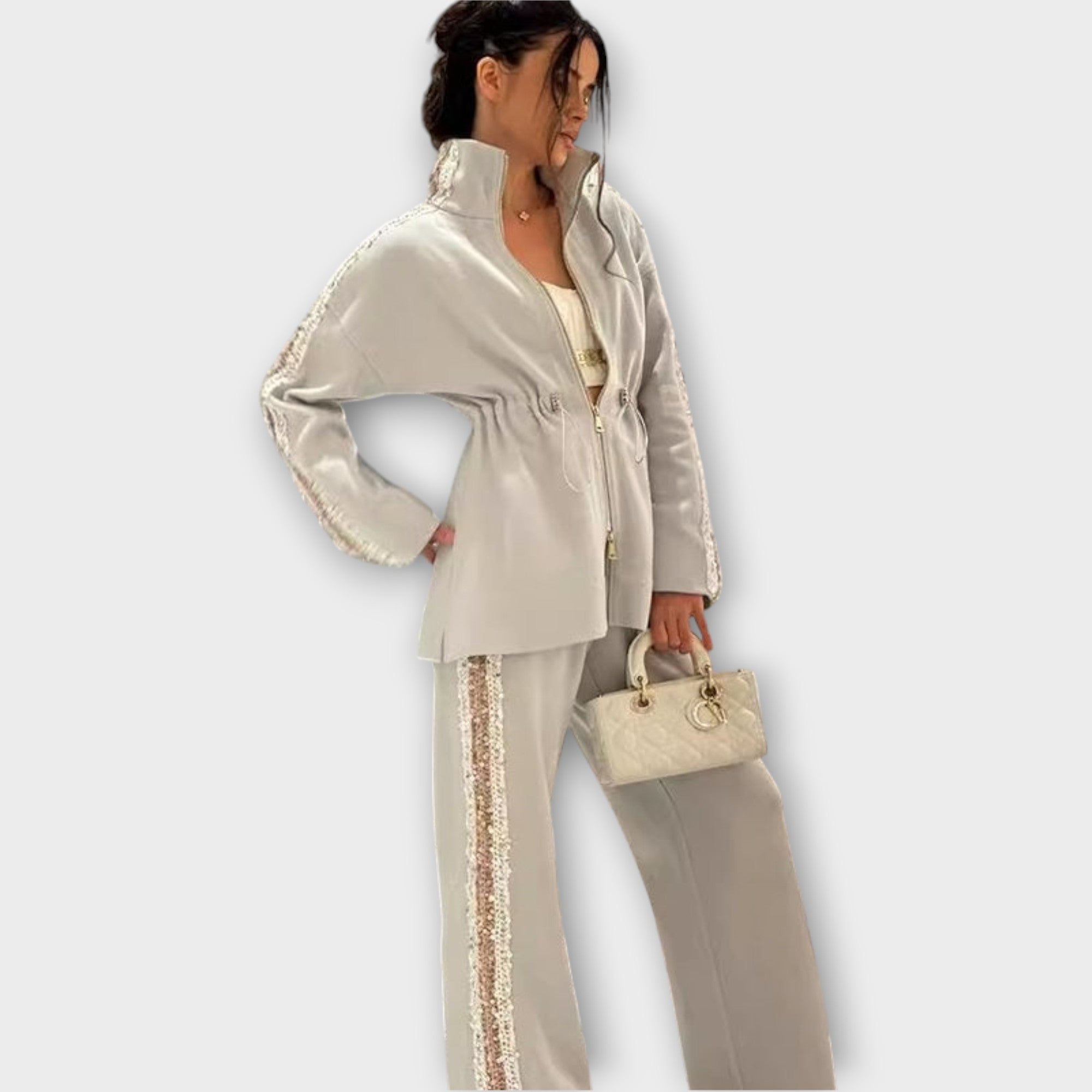 Elegant Sequin-Trim Tailored Set