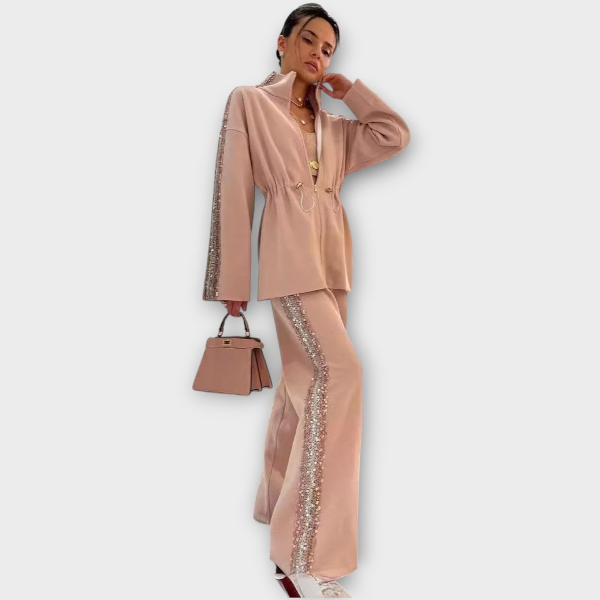 Elegant Sequin-Trim Tailored Set