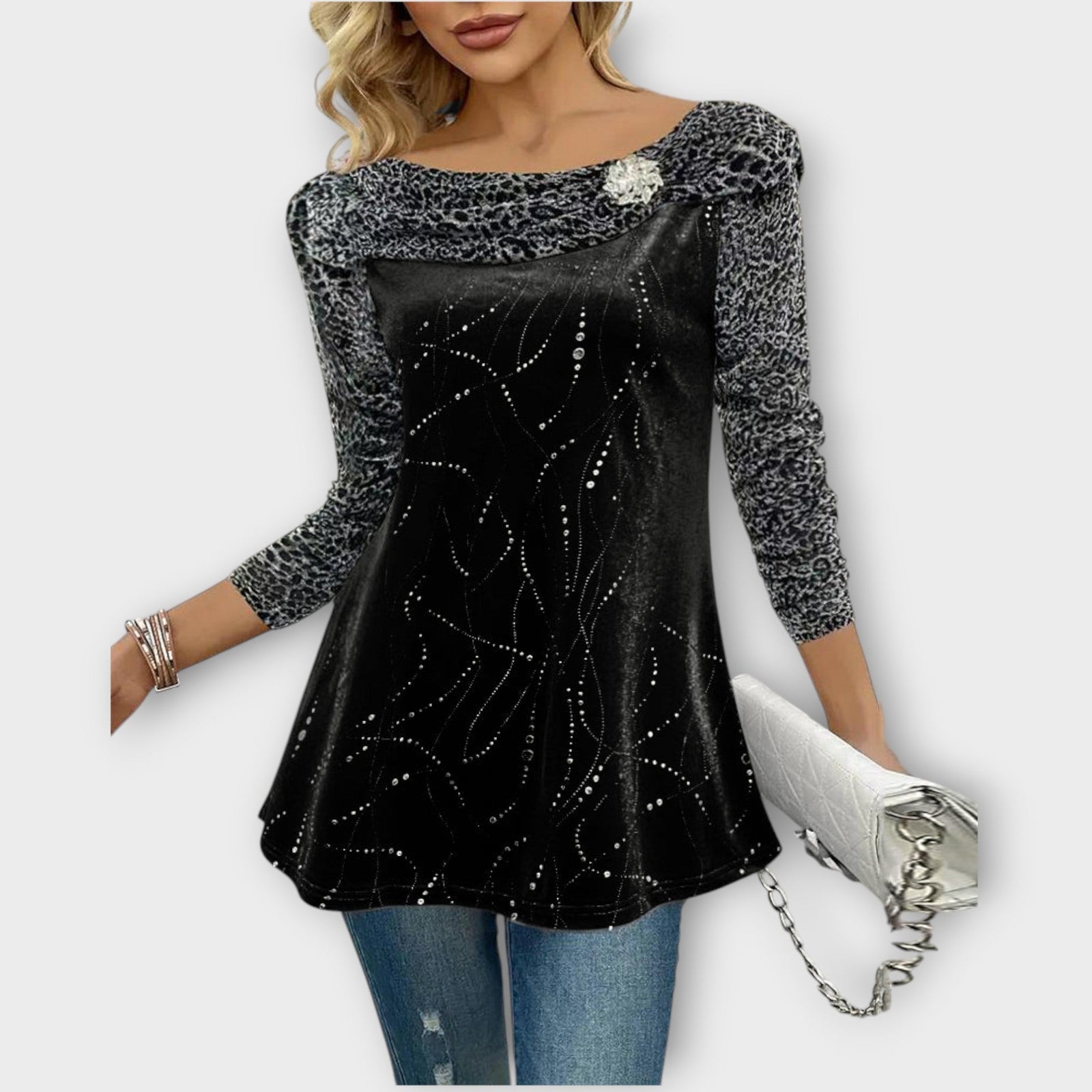 Velvet Embellished Long Sleeve Top