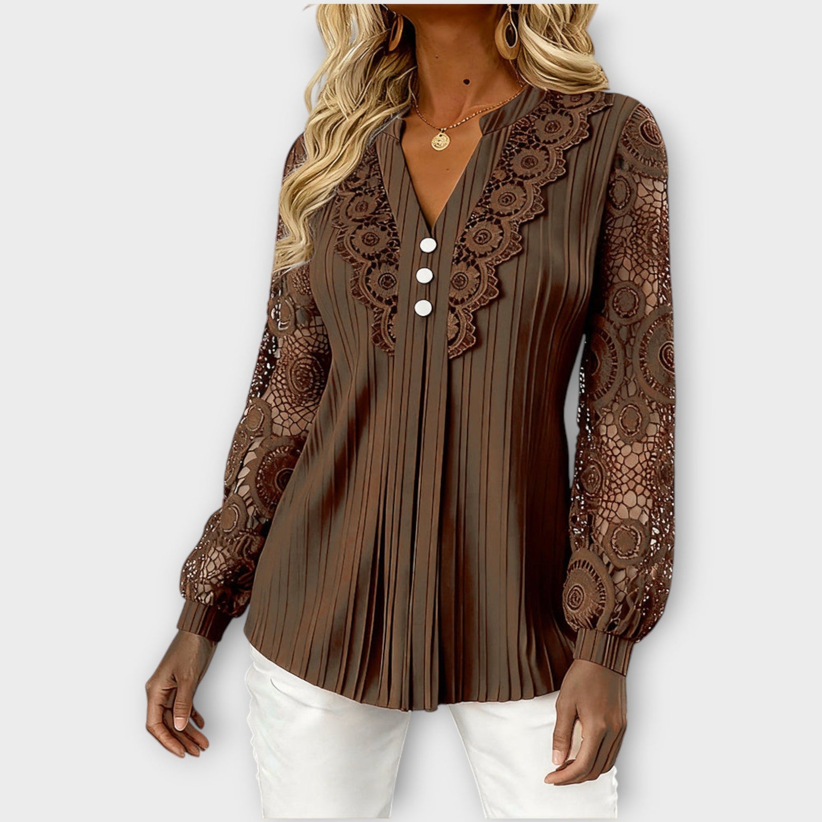 Elegant Lace Sleeve Pleated Blouse