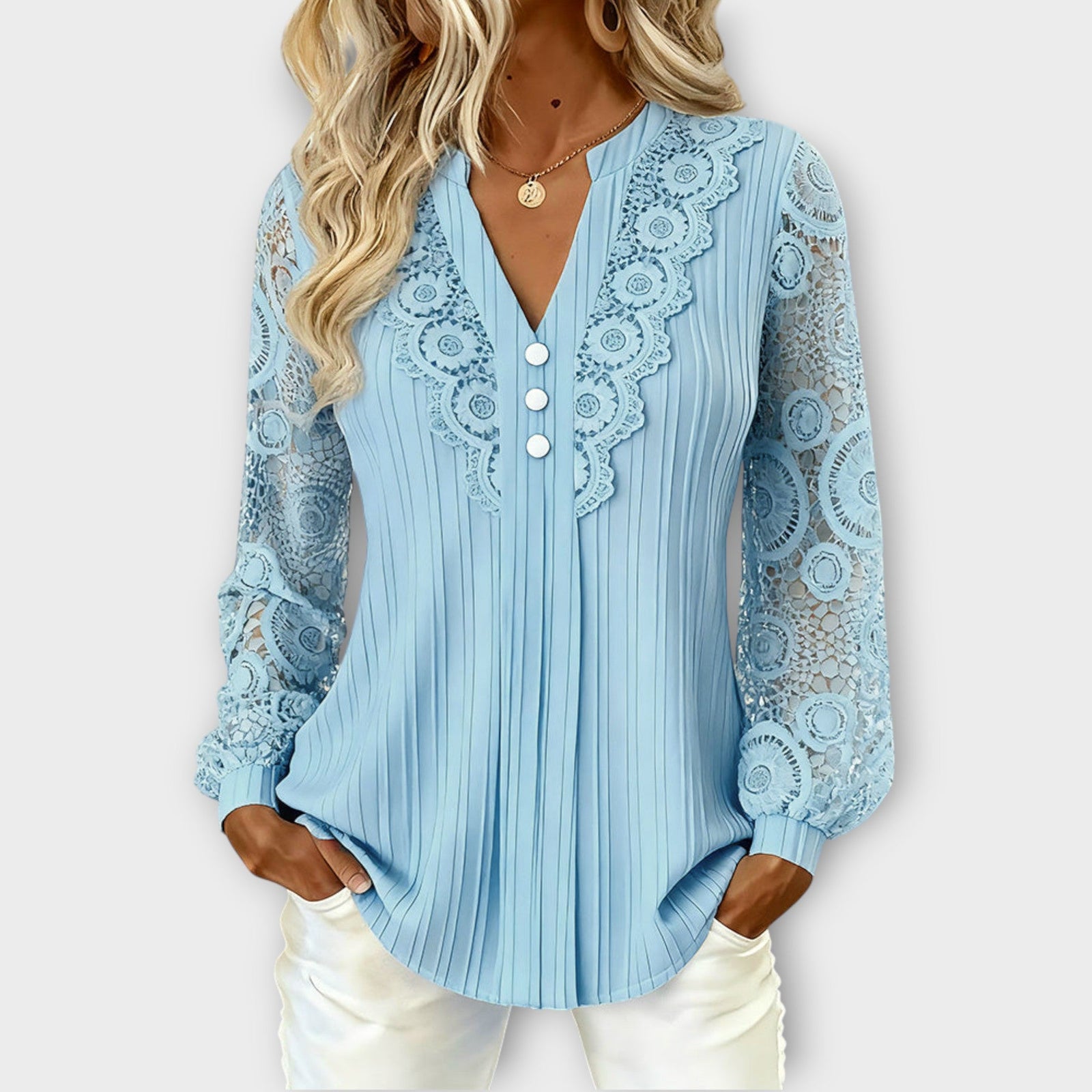 Elegant Lace Sleeve Pleated Blouse