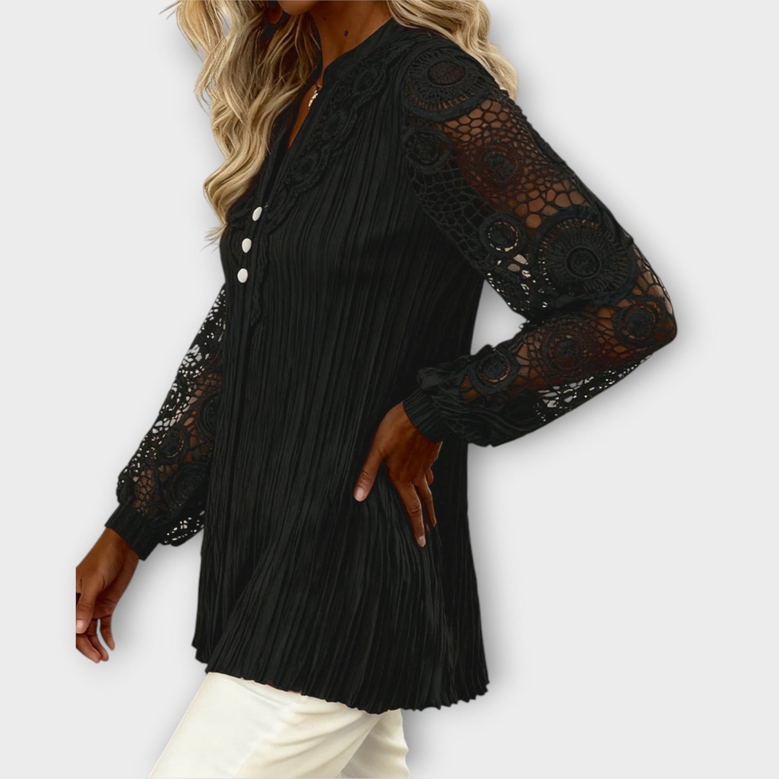 Elegant Lace Sleeve Pleated Blouse