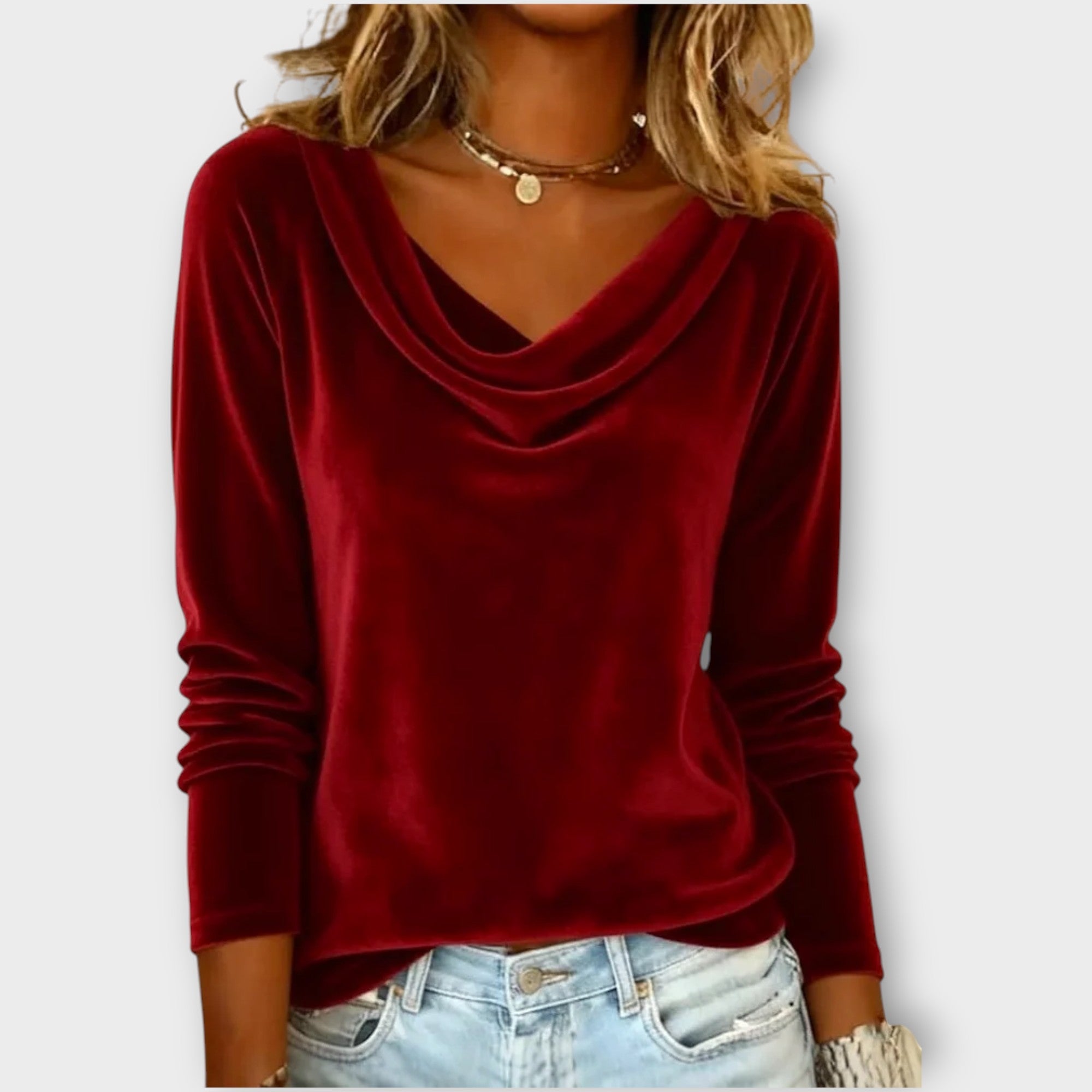 Velvet Draped Neck Long-Sleeve Top