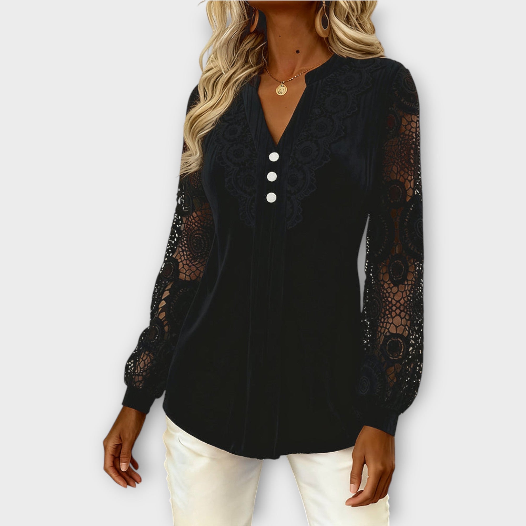Elegant Lace Sleeve Pleated Blouse