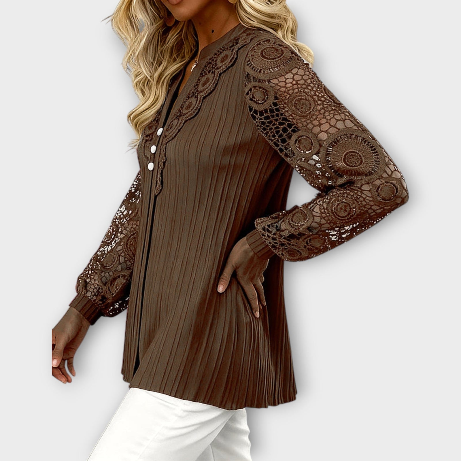 Elegant Lace Sleeve Pleated Blouse