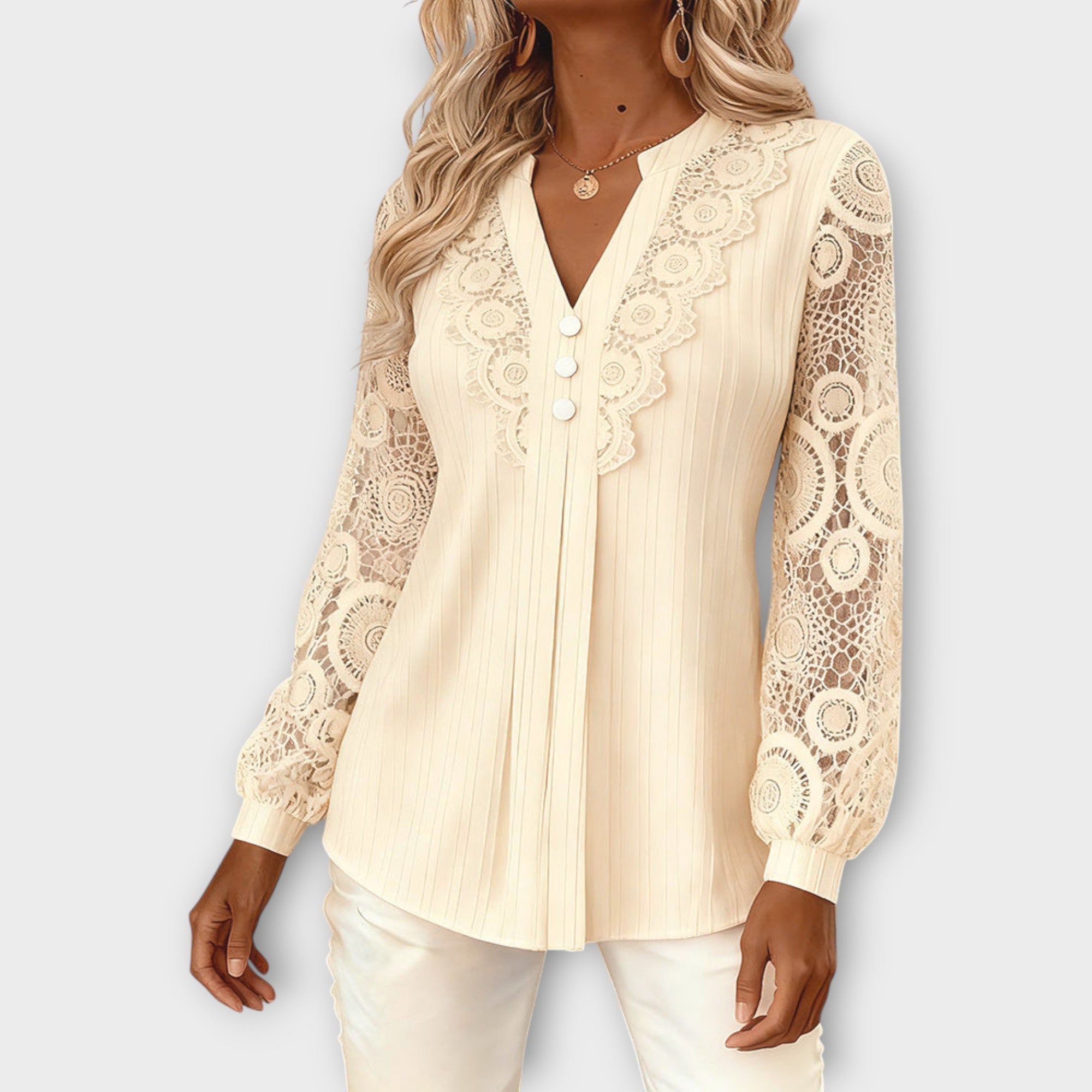 Elegant Lace Sleeve Pleated Blouse