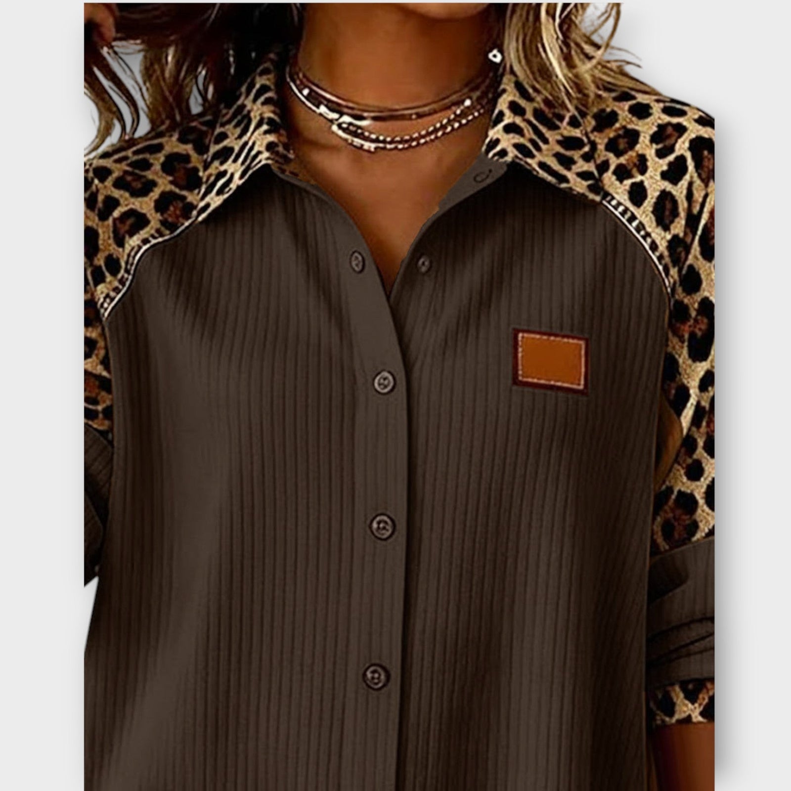 Leopard Patchwork Button-Down Top