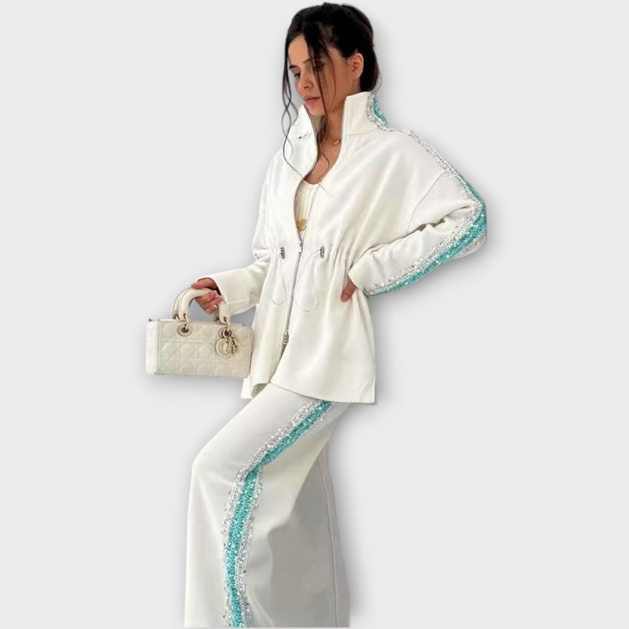 Elegant Sequin-Trim Tailored Set