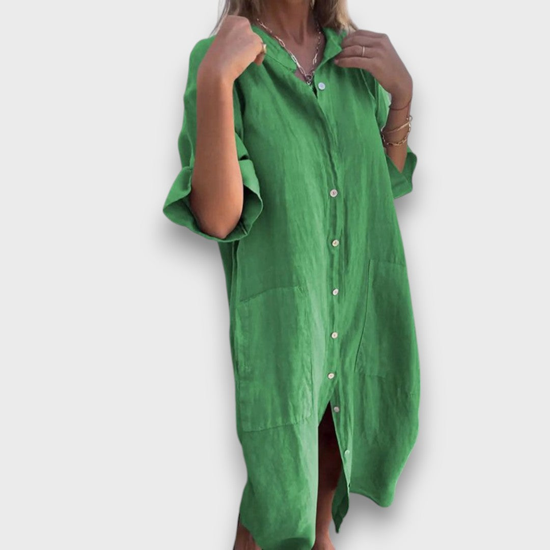Linen Shirt Dress with Buttons and Pockets