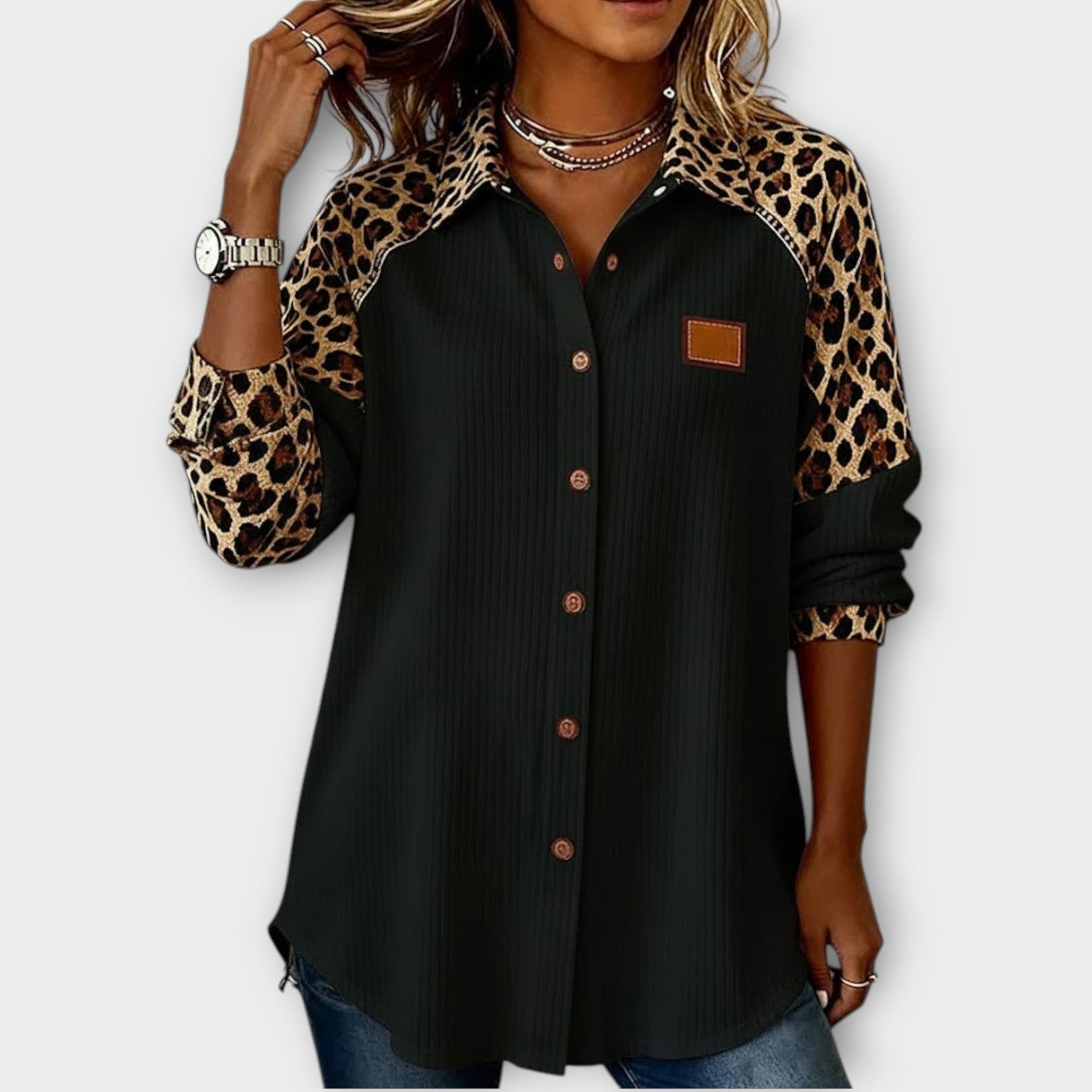 Leopard Patchwork Button-Down Top