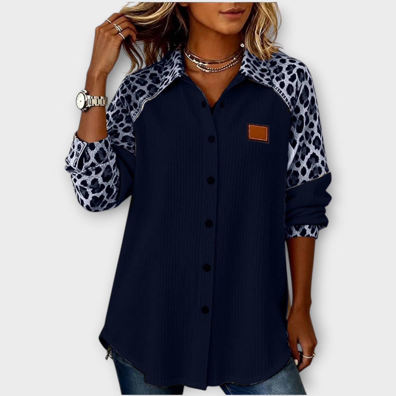 Leopard Patchwork Button-Down Top