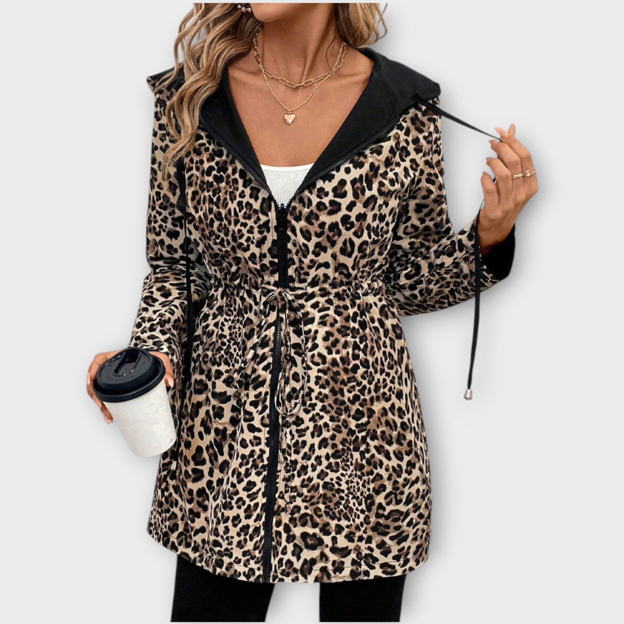 Reversible Hooded Coat with Leopard Print
