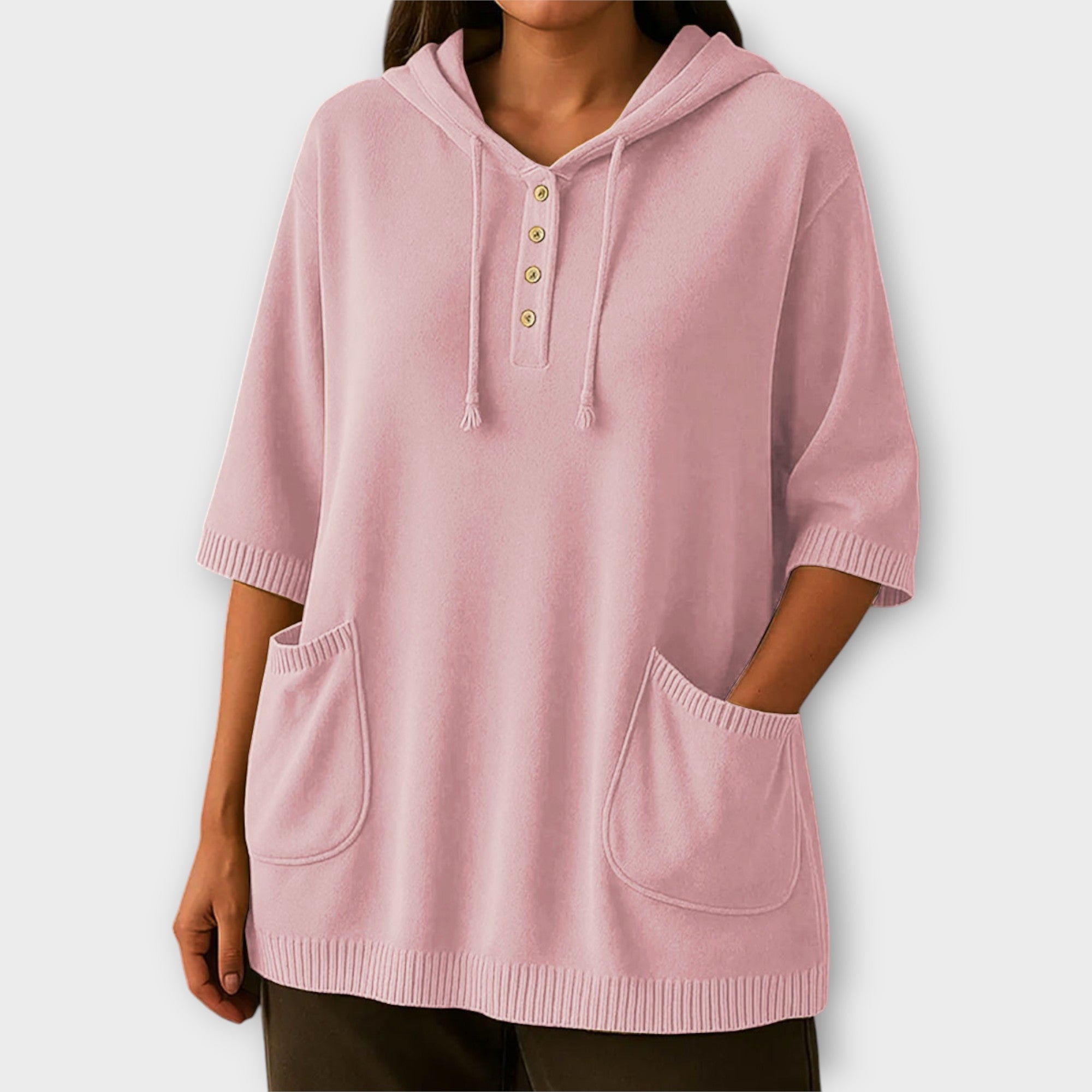 Button-Front Hoodie Top with Pockets