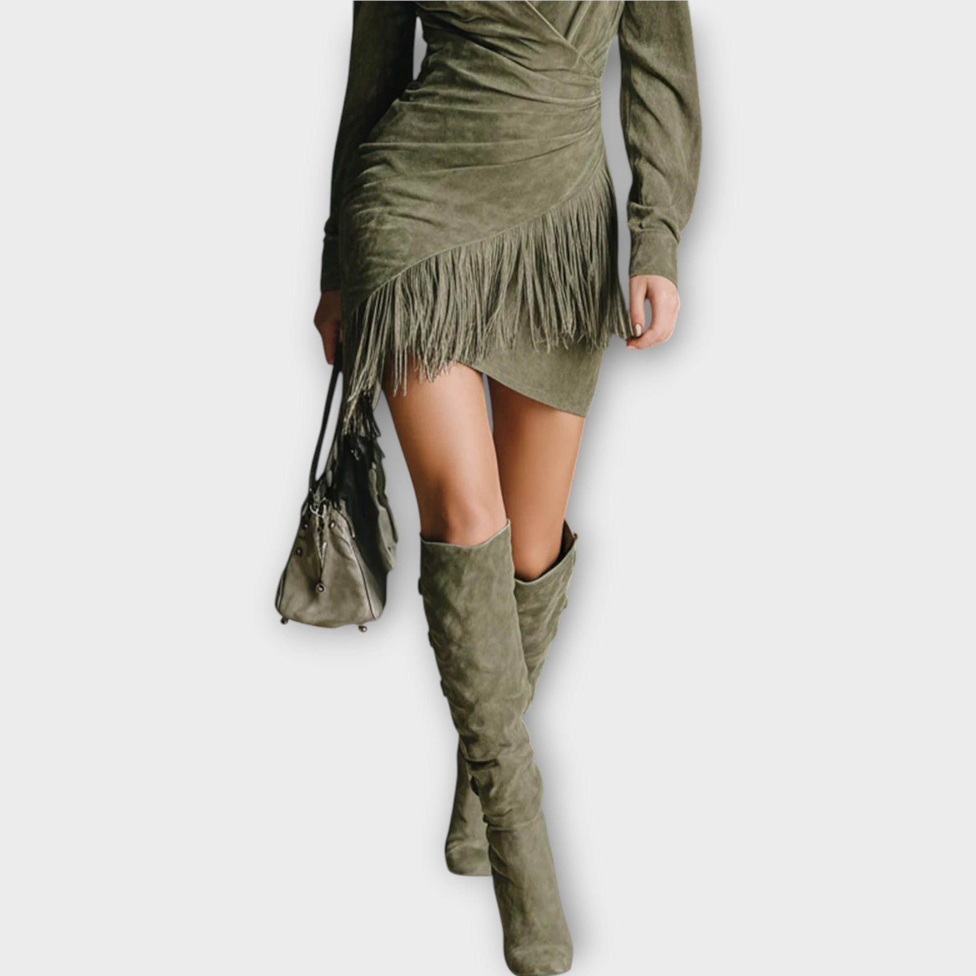 Suede Fringe Wrap Dress