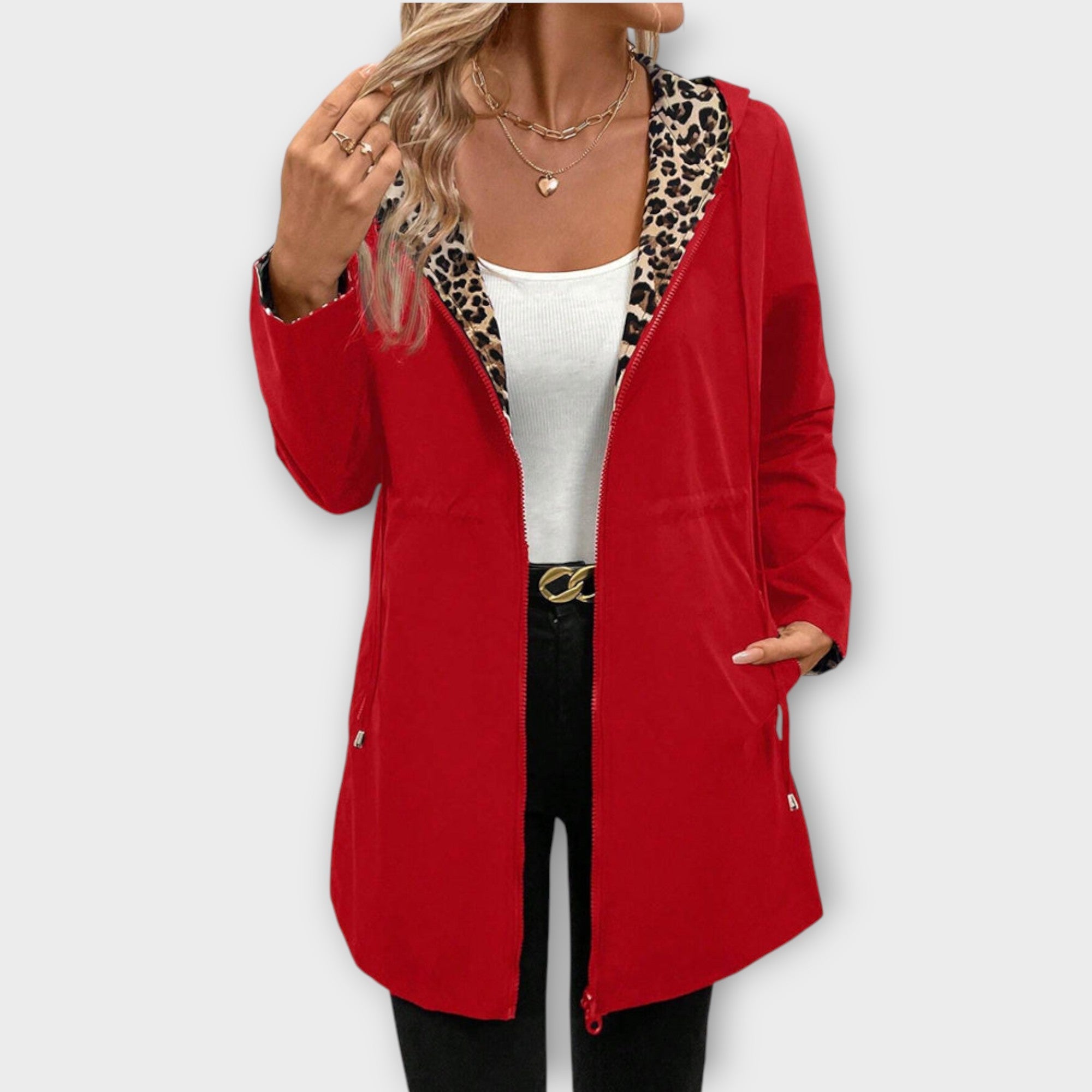 Reversible Hooded Coat with Leopard Print