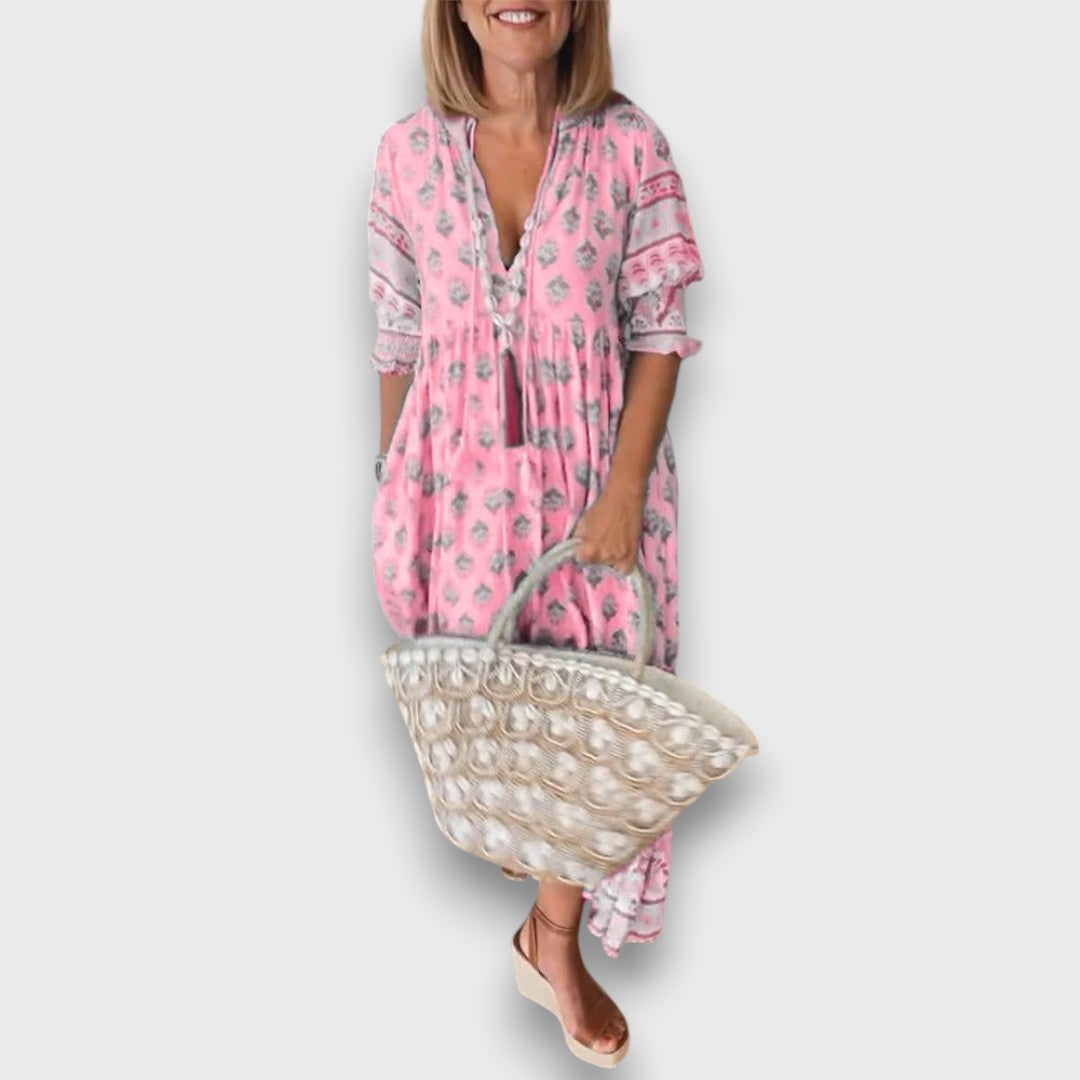 Airy Boho Dress with 3/4 Sleeves and Laced V-Neck