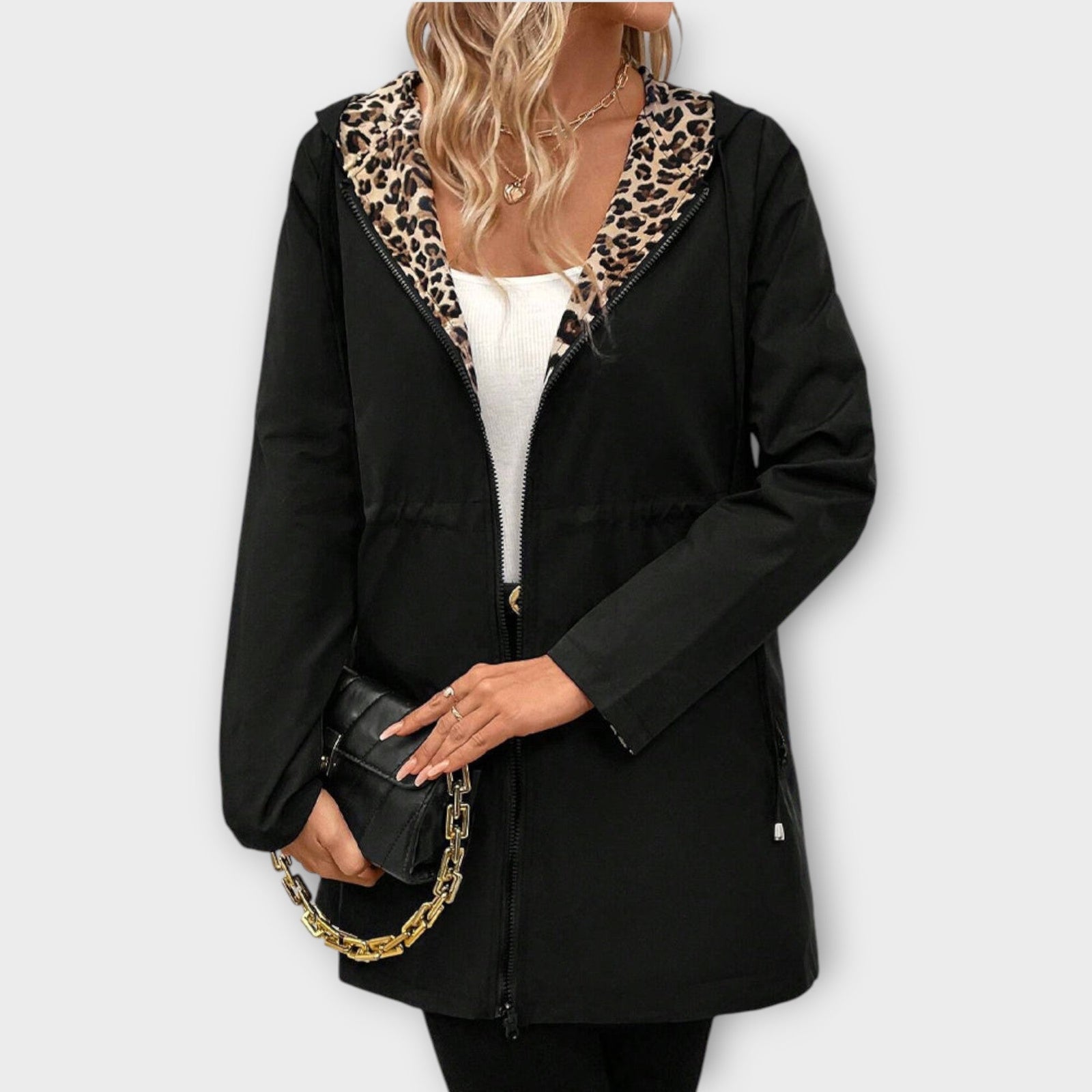 Reversible Hooded Coat with Leopard Print