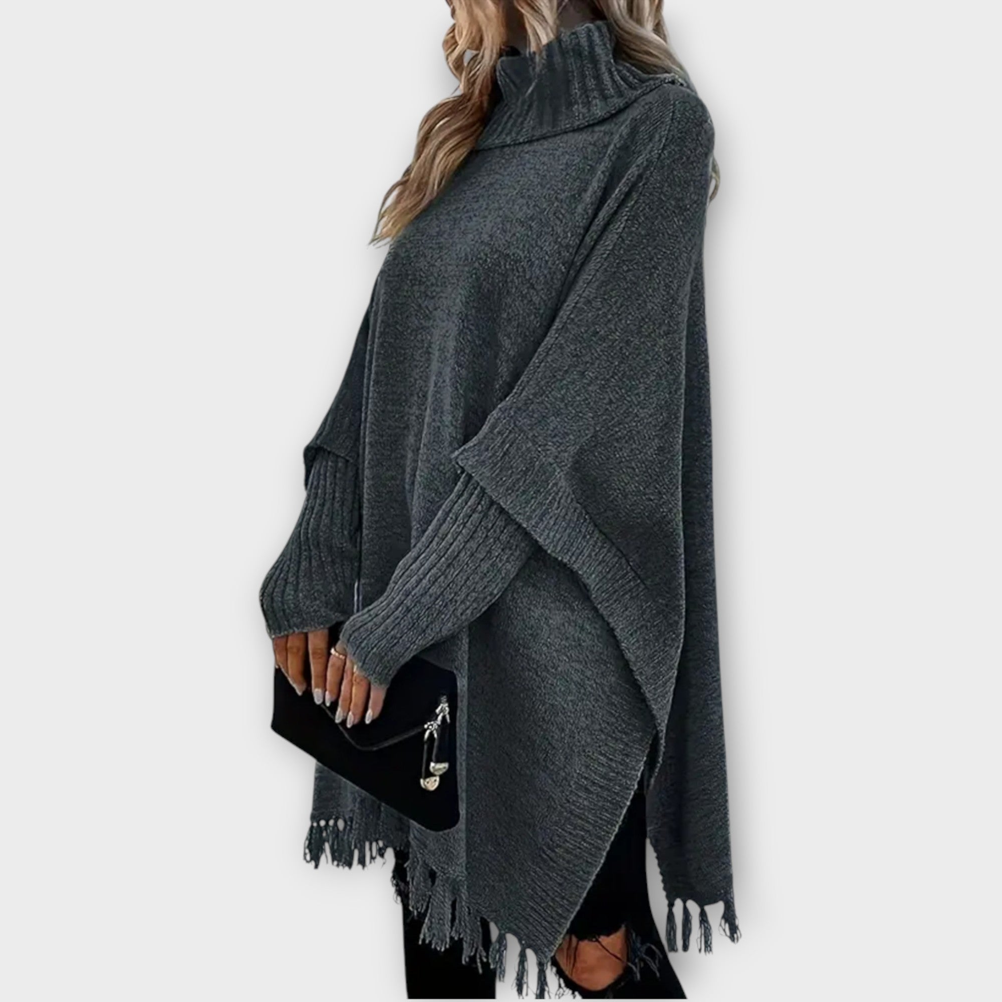 Fringed Turtleneck Oversized Poncho Sweater