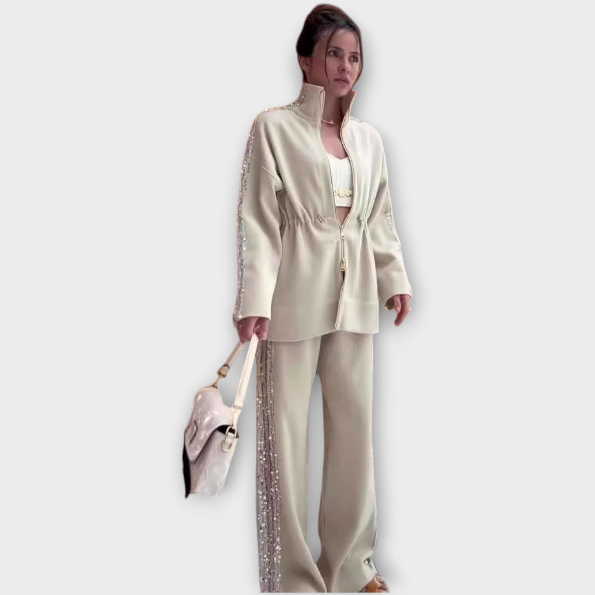 Elegant Sequin-Trim Tailored Set