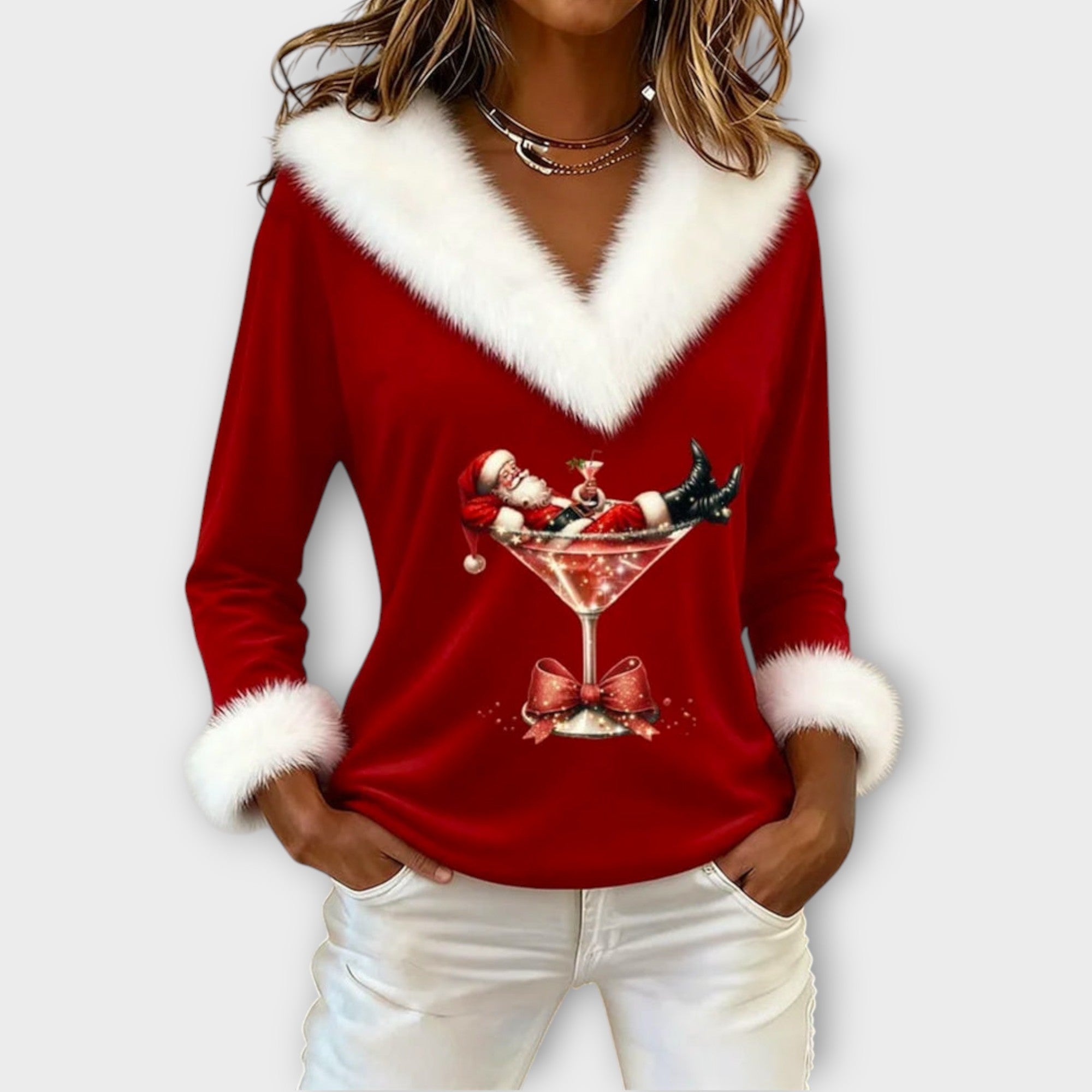 Santa Martini Faux-Fur Holiday Top