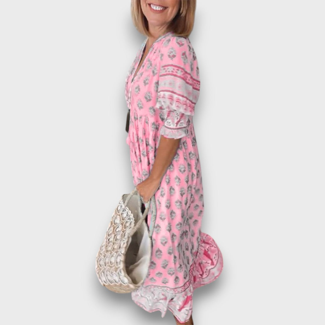 Airy Boho Dress with 3/4 Sleeves and Laced V-Neck