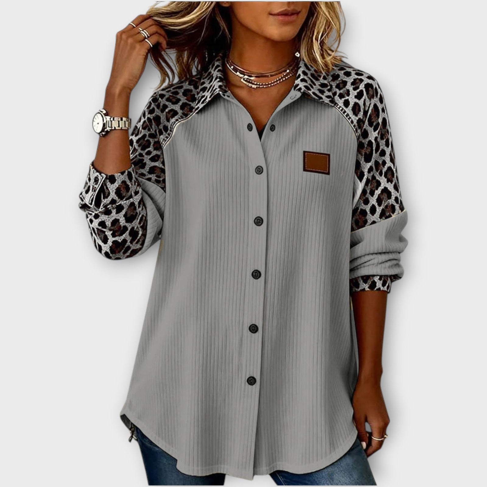 Leopard Patchwork Button-Down Top