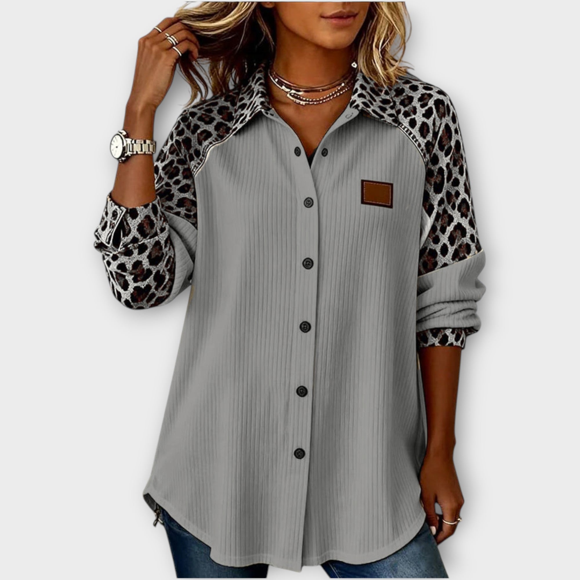 Leopard Patchwork Button-Down Top