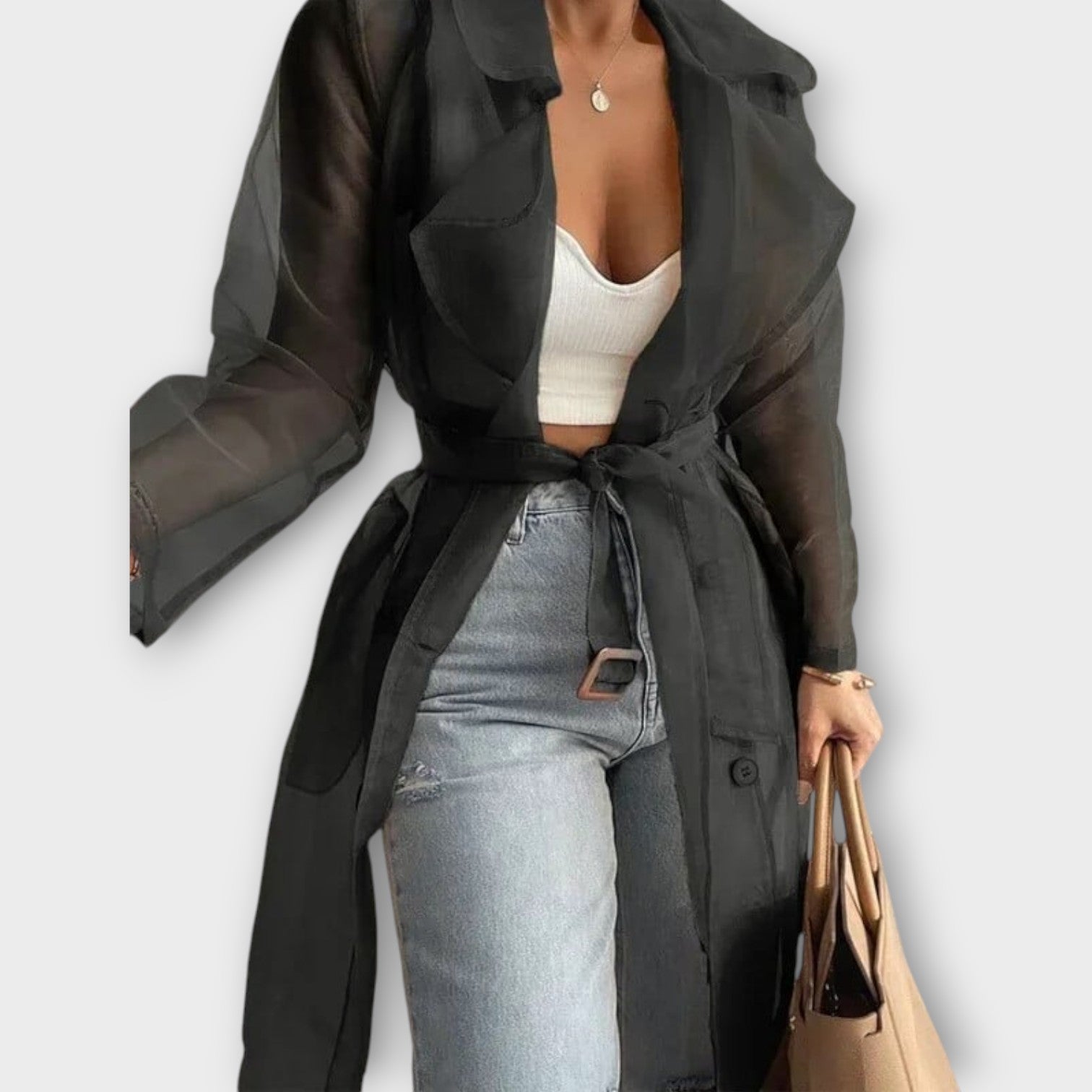 Sheer Belted Trench Coat