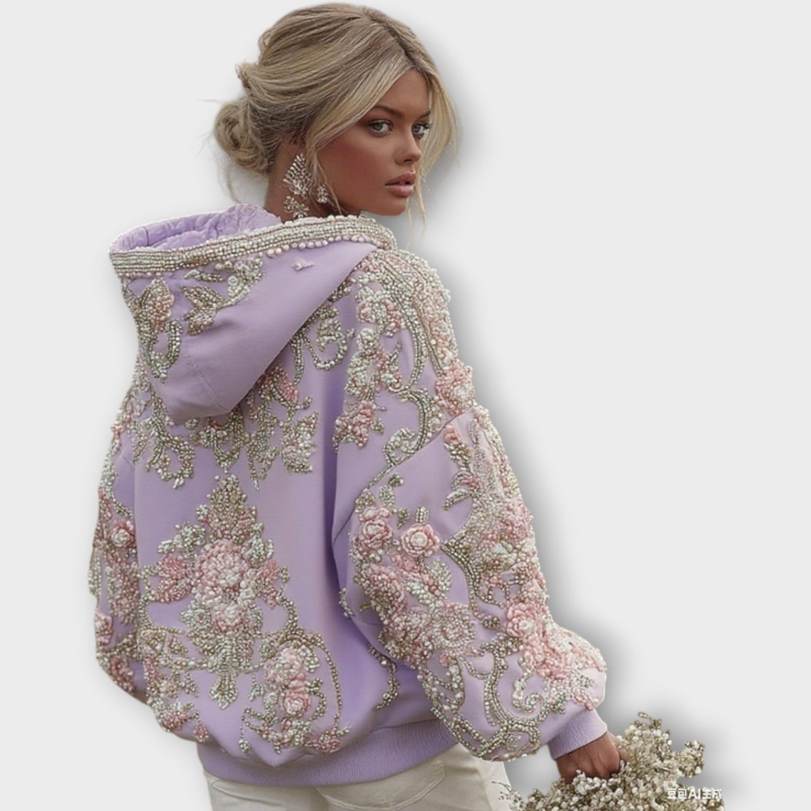 Luxury Pearl Embellished Pink Couture Hoodie